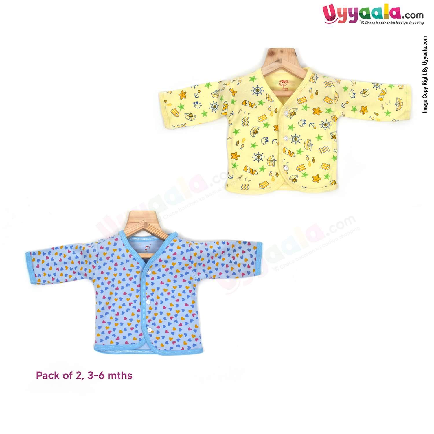 Mothers choice full sleeves front open jablas, 100% hosiery cotton, Pack of 2 (3-6M) - yellow & blue with assorted print
