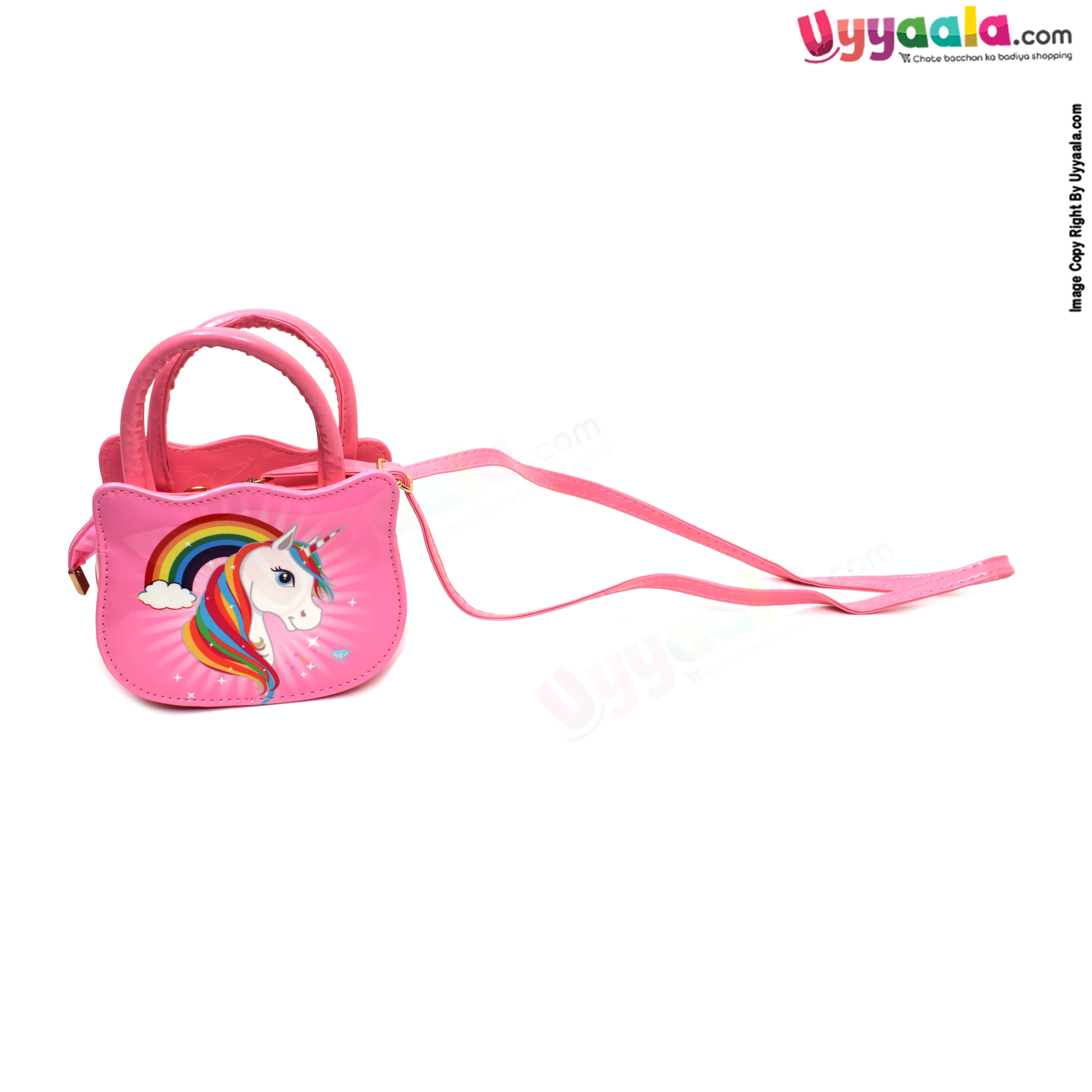 Party wear sling hand bag for kids (baby girl) with rainbow & unicorn print, age 3+ years