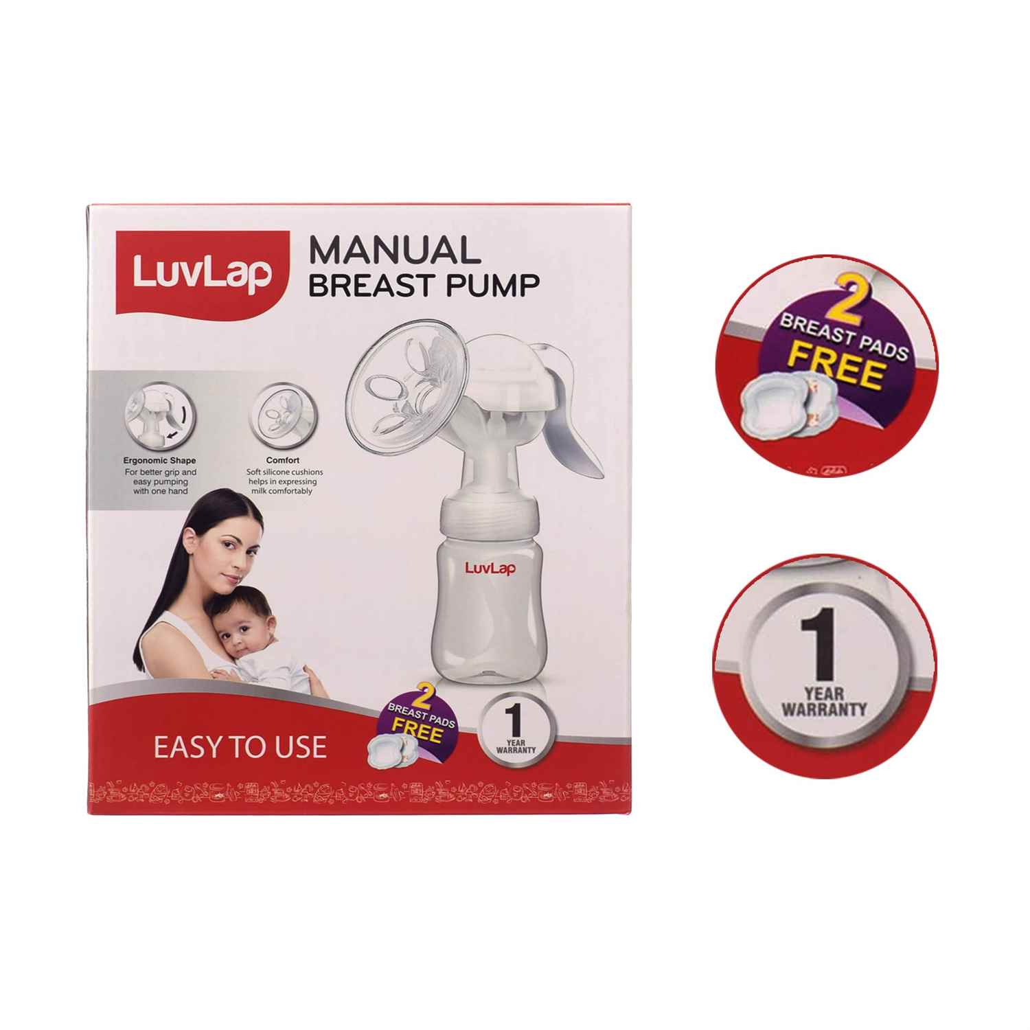 LUVLAP Manual Breast Pump with 2 Breast Pads Free