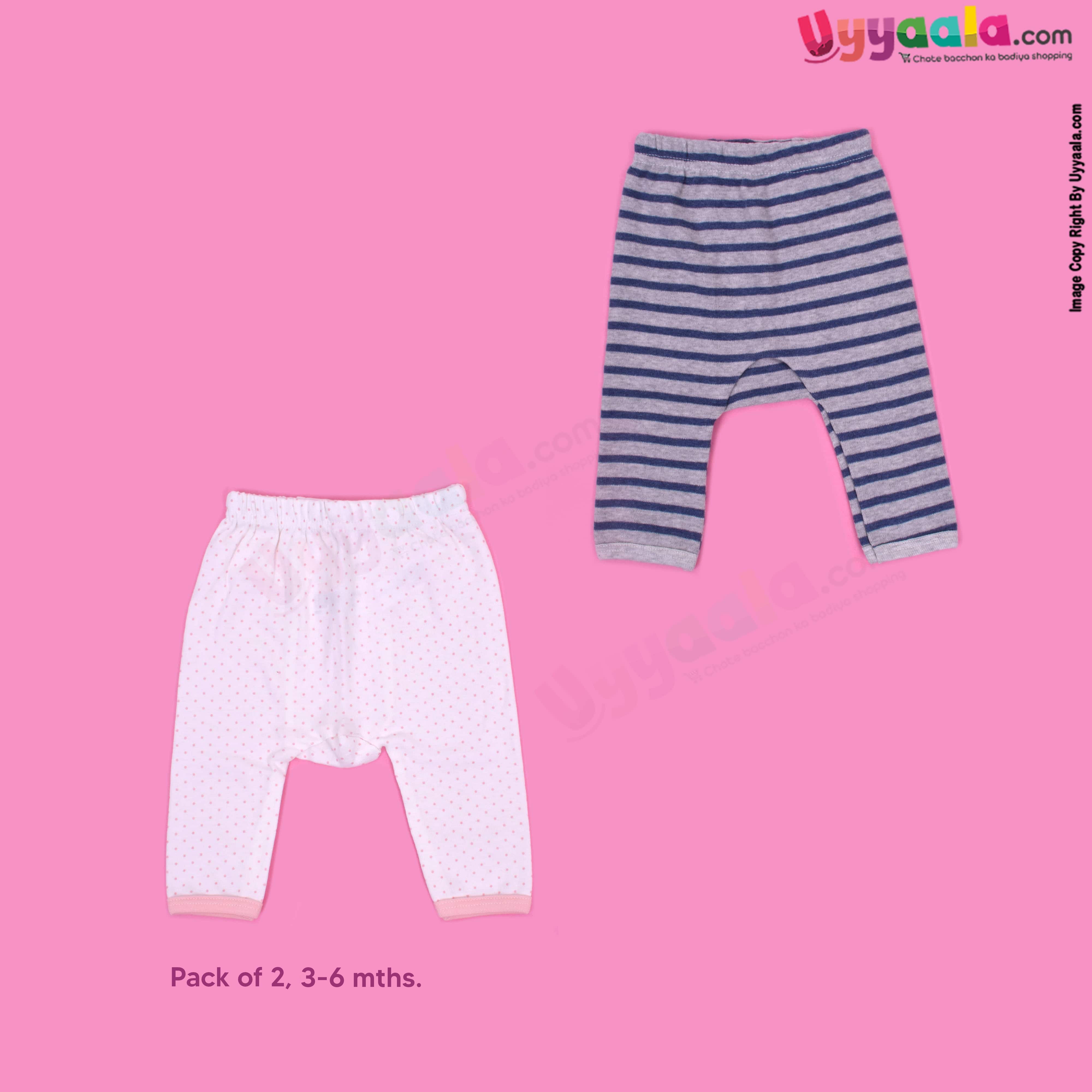 PRECIOUS ONE diaper pants 100% soft hosiery cotton pack of 2 - white with pink dots & gray with blue stripes prints(3-6m)