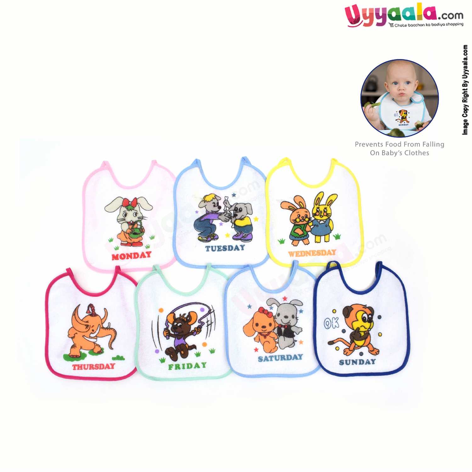 Baby Bib Terry Cotton, Newborn Top Tieing Model, Multiple Print, Pack of 7, Size (21*18 cm) - Multicolor