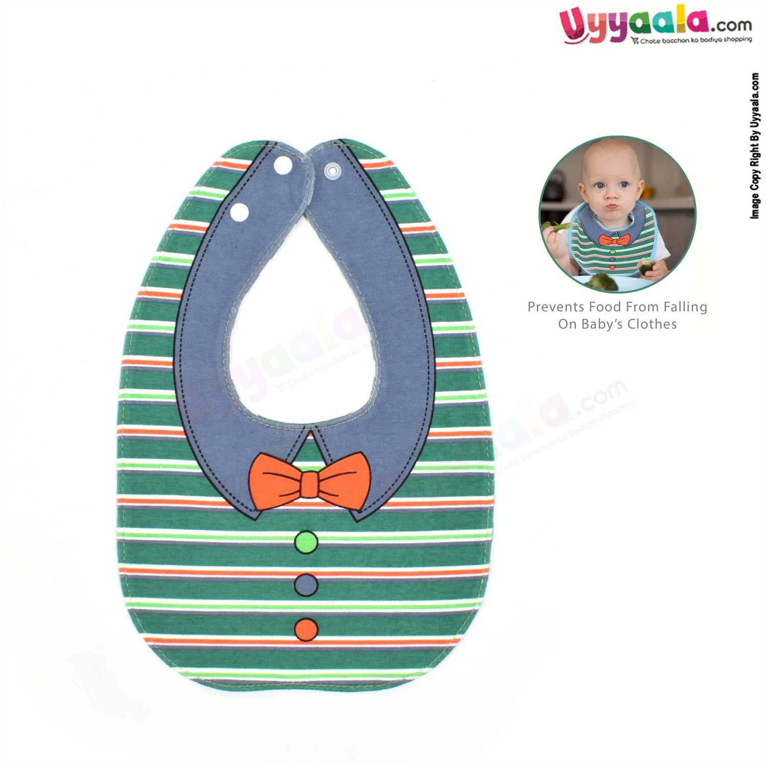 Baby Bib Soft Hosiery Cotton 2 in 1 Usable with Bow & Stripes Print for Newborn, Size (29.5*20cm)- Green & White