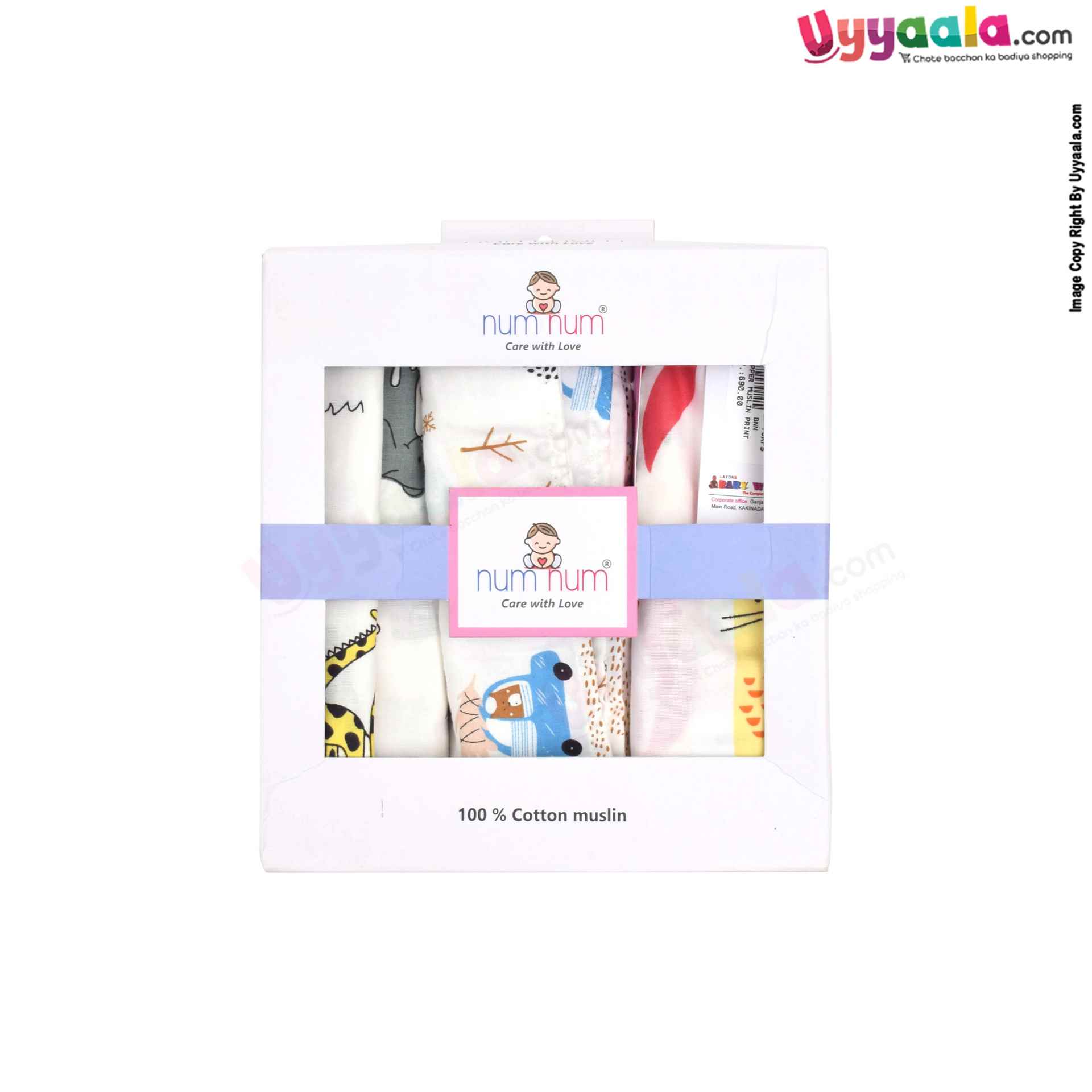 NUM-NUM Muslin Cotton Wrapper Multi Print for Babies 3p Set 0+m Age, Size (99*99cm)-White
