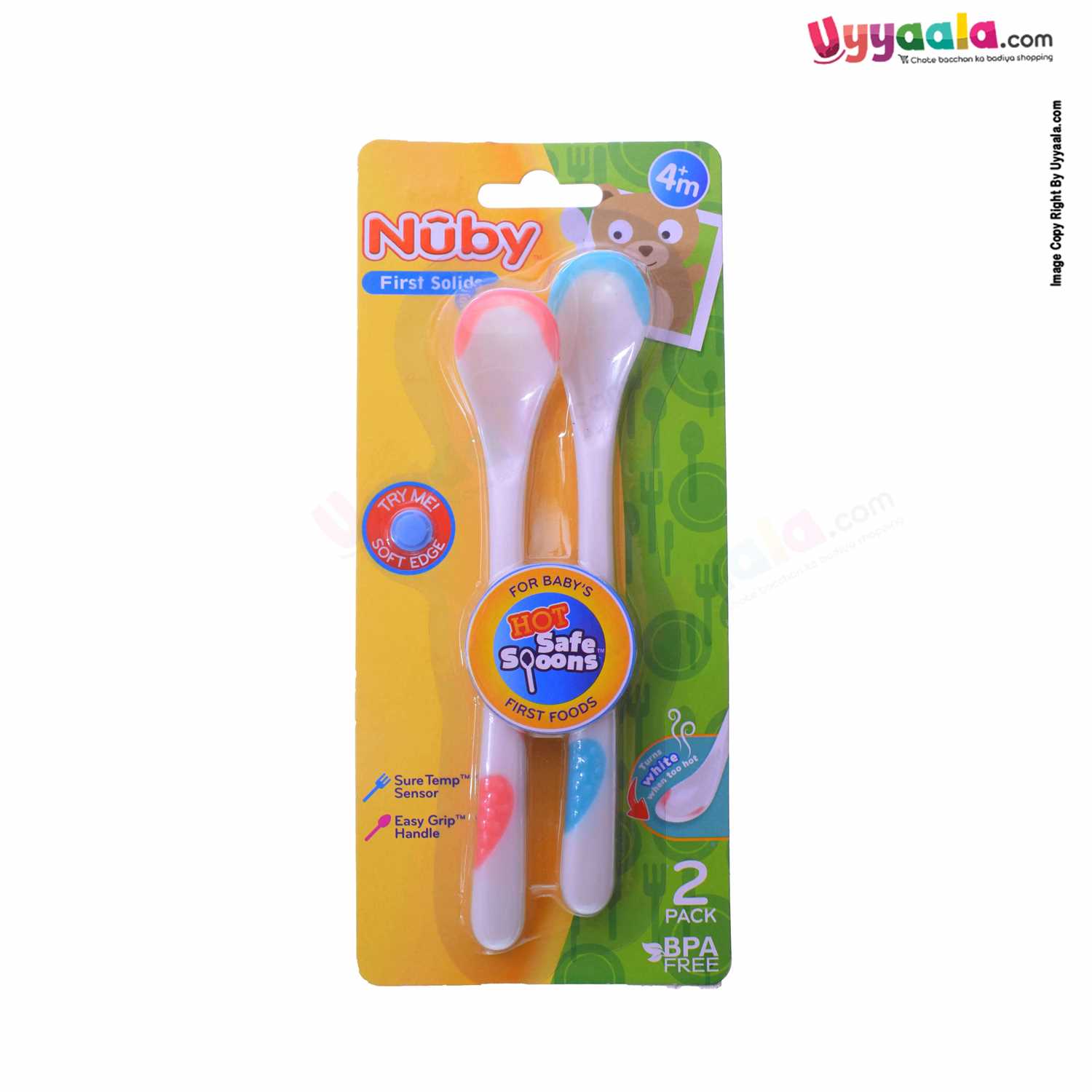 NUBY Hot safe spoons for babies first foods, Pack of 2 - Pink & Blue, 4+m