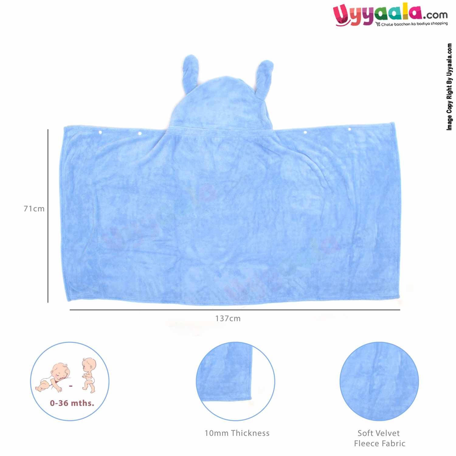 Hooded Fur Blanket with Cartoon Character for Babies 0-36m Age, Size(137*71cm)  - Blue