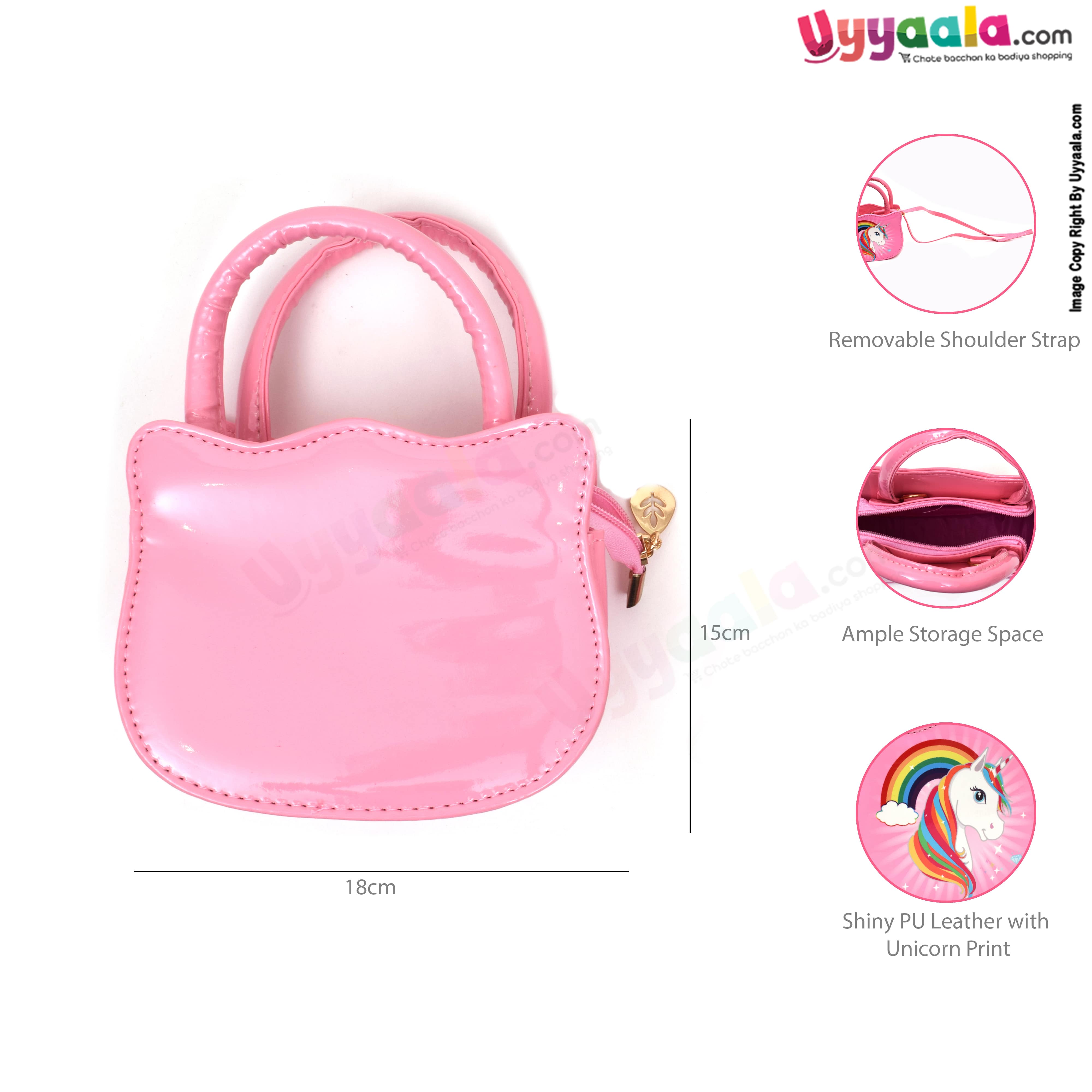 Party wear sling hand bag for kids (baby girl) with rainbow & unicorn print, age 3+ years-Pink