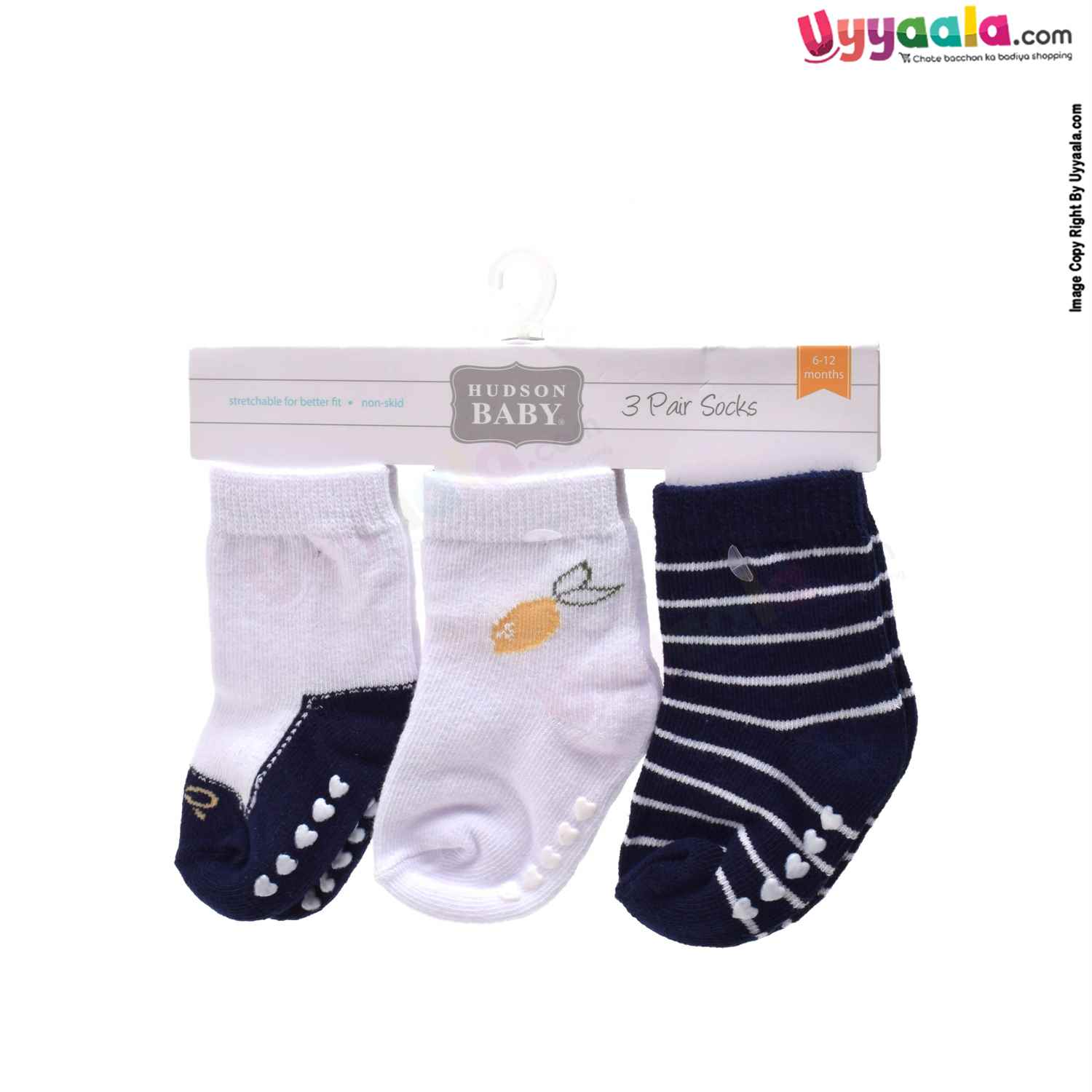 HUDSON BABY Stretchable & Non Skid Socks 3p Set with Multi Print, 6-12 m Age- Navy Blue & White