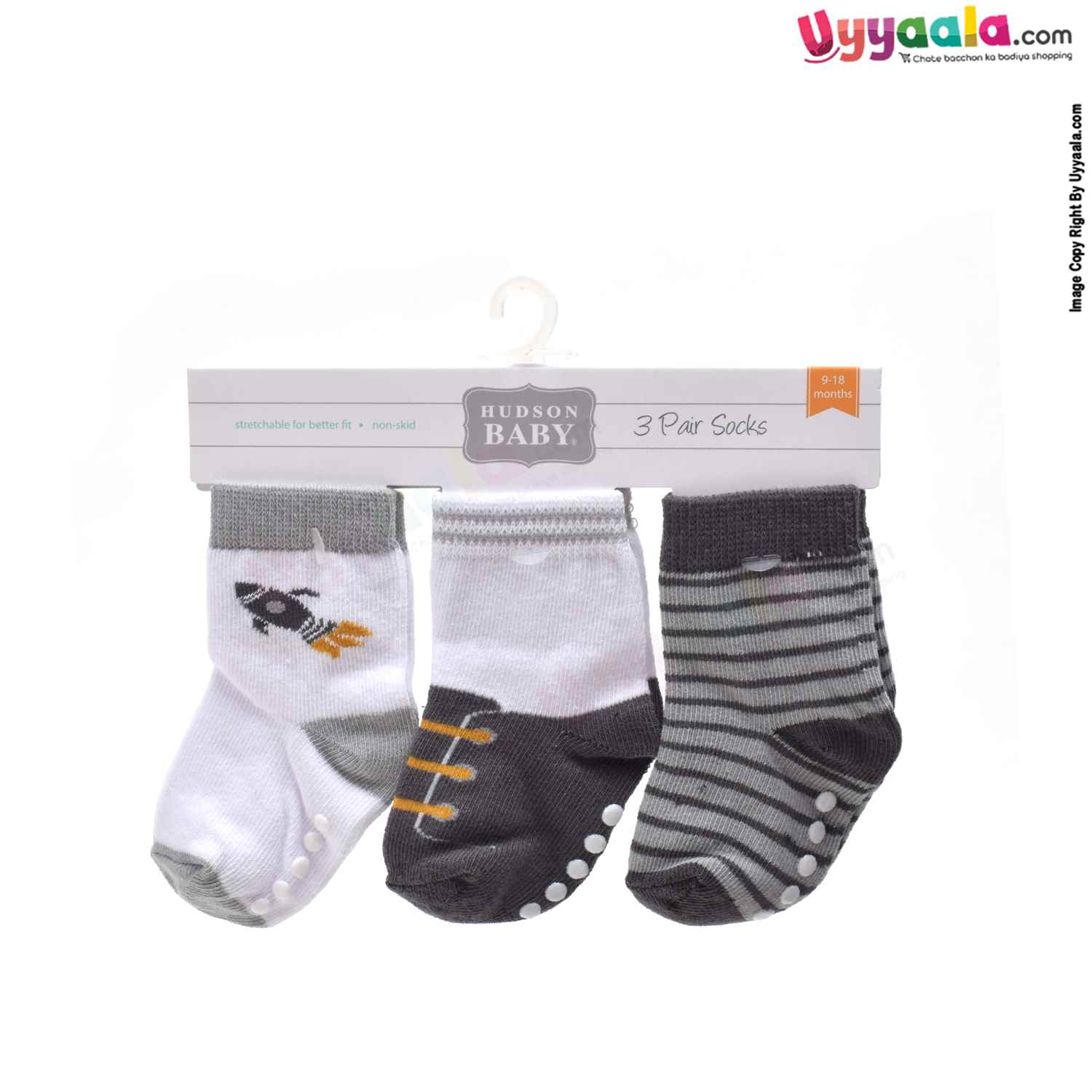 HUDSON BABY Stretchable & Non Skid Socks 3p Set with Multi Print,9-18m Age- Grey & White