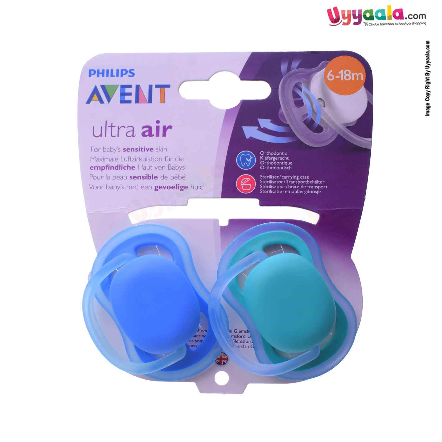PHILIPS AVENT Extra Air Flow Soother for Babies Twin Pack 6-18m Age, Blue & Green