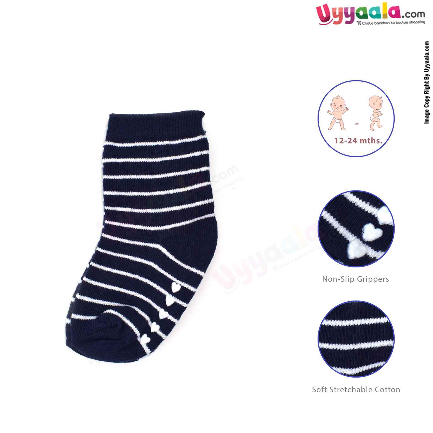 HUDSON BABY Stretchable & Non Skid Socks 3p Set with Multi Print, 12-24 m Age- Navy Blue & White