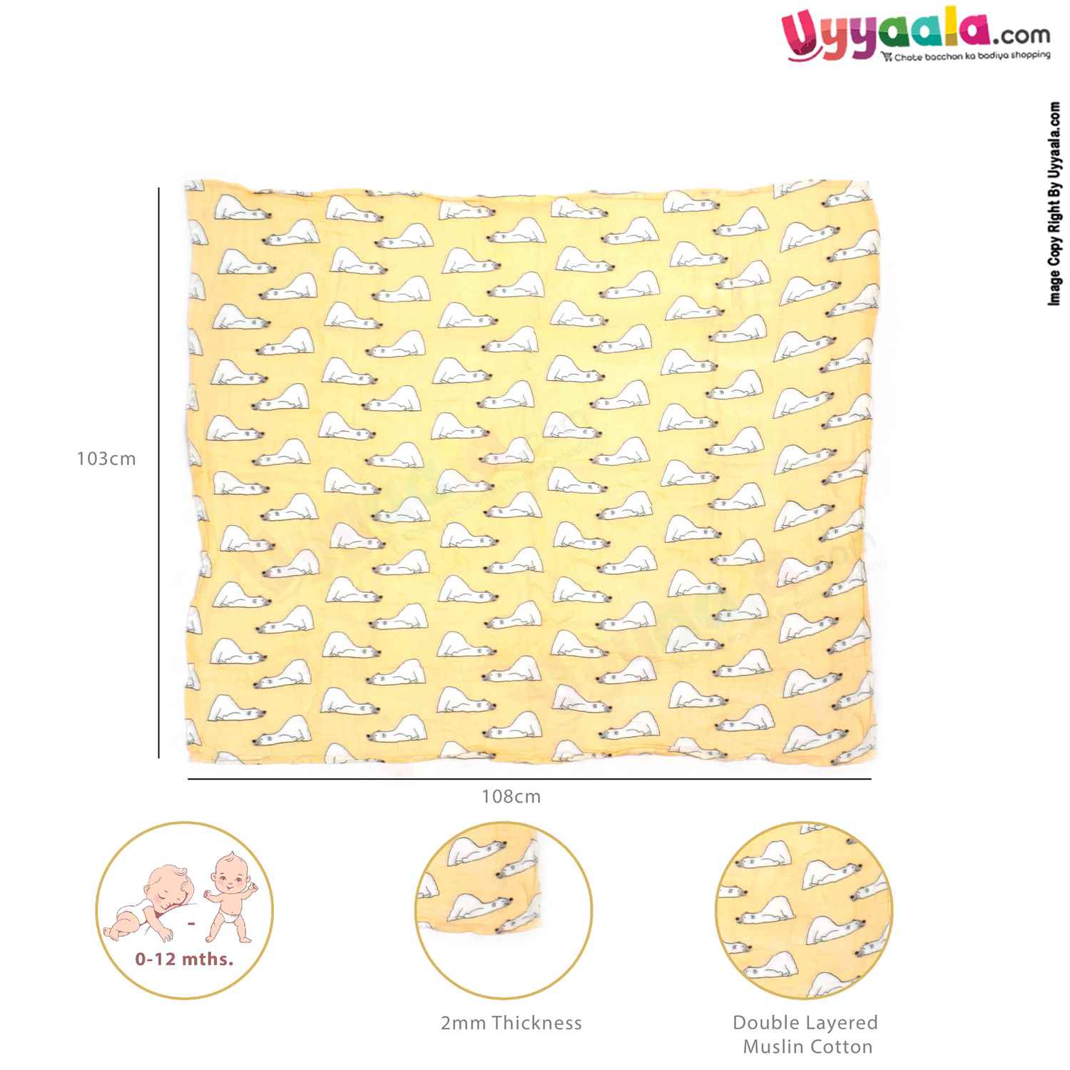 Double Layered Muslin Cotton Wrapper with Bear Print for Babies 0+m Age, Size(108*103cm)- Yellow