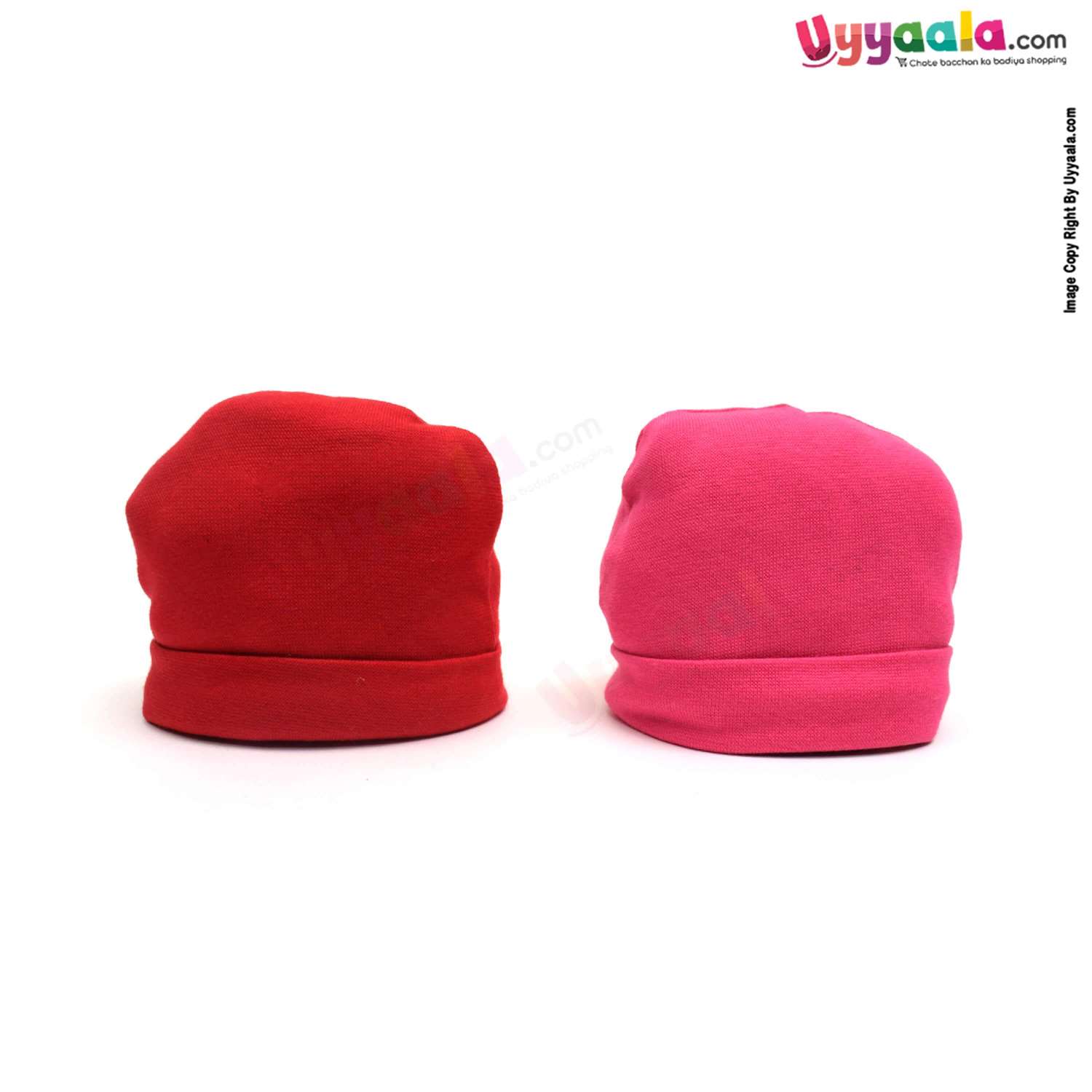 Round Soft Hosiery Cotton Caps for Babies Pack of 2, 0-3m - Red & Pink