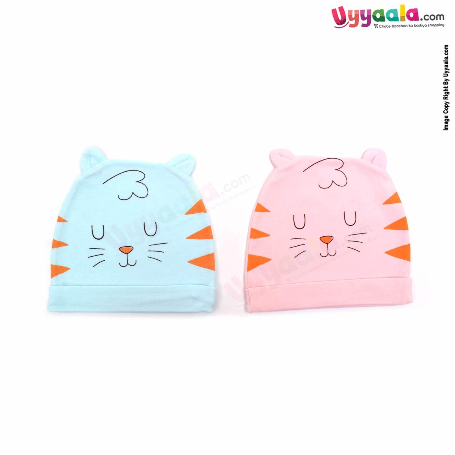 Fancy Round Cap for Babies with Cat Character Pack of 2 ,0-12m age - Pink & Sky Blue