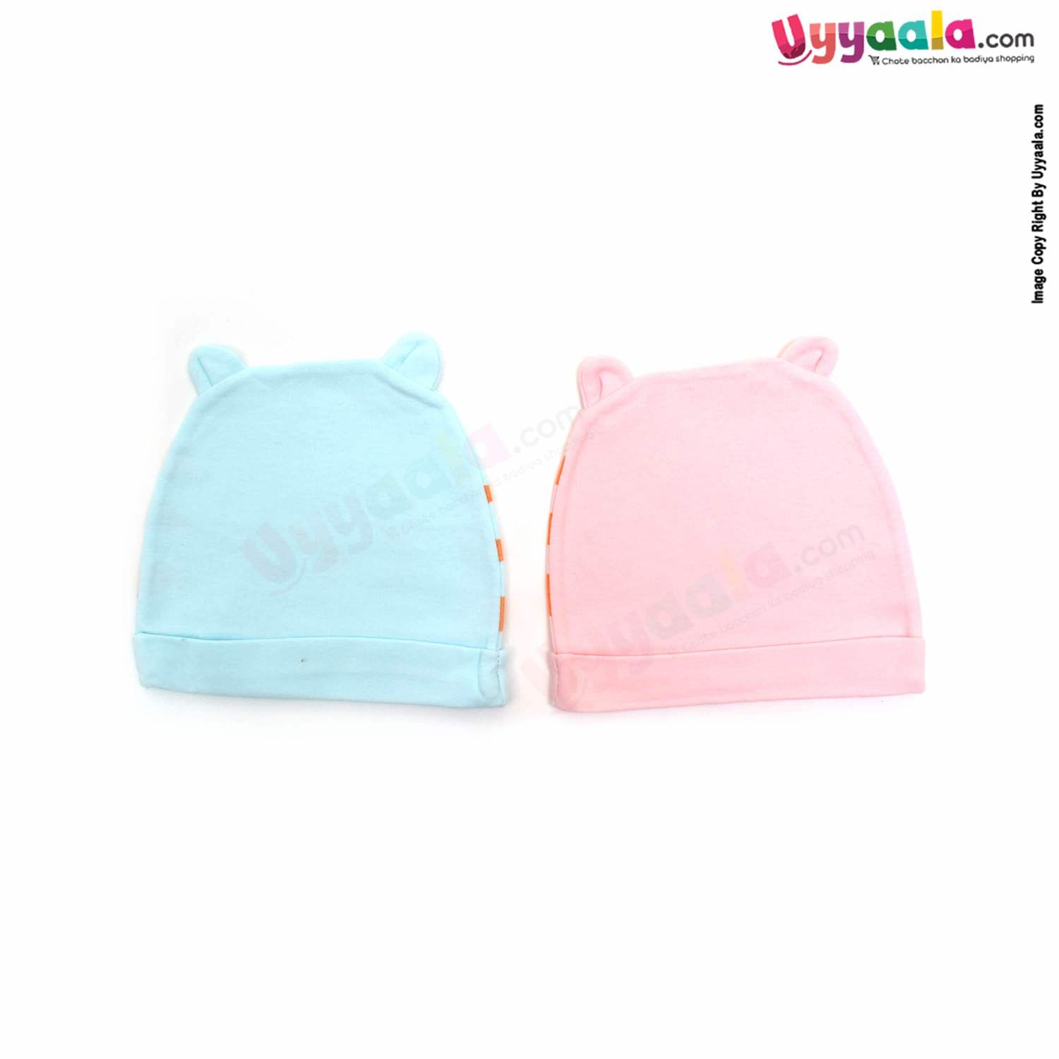 Fancy Round Cap for Babies with Cat Character Pack of 2 ,0-12m age - Pink & Sky Blue