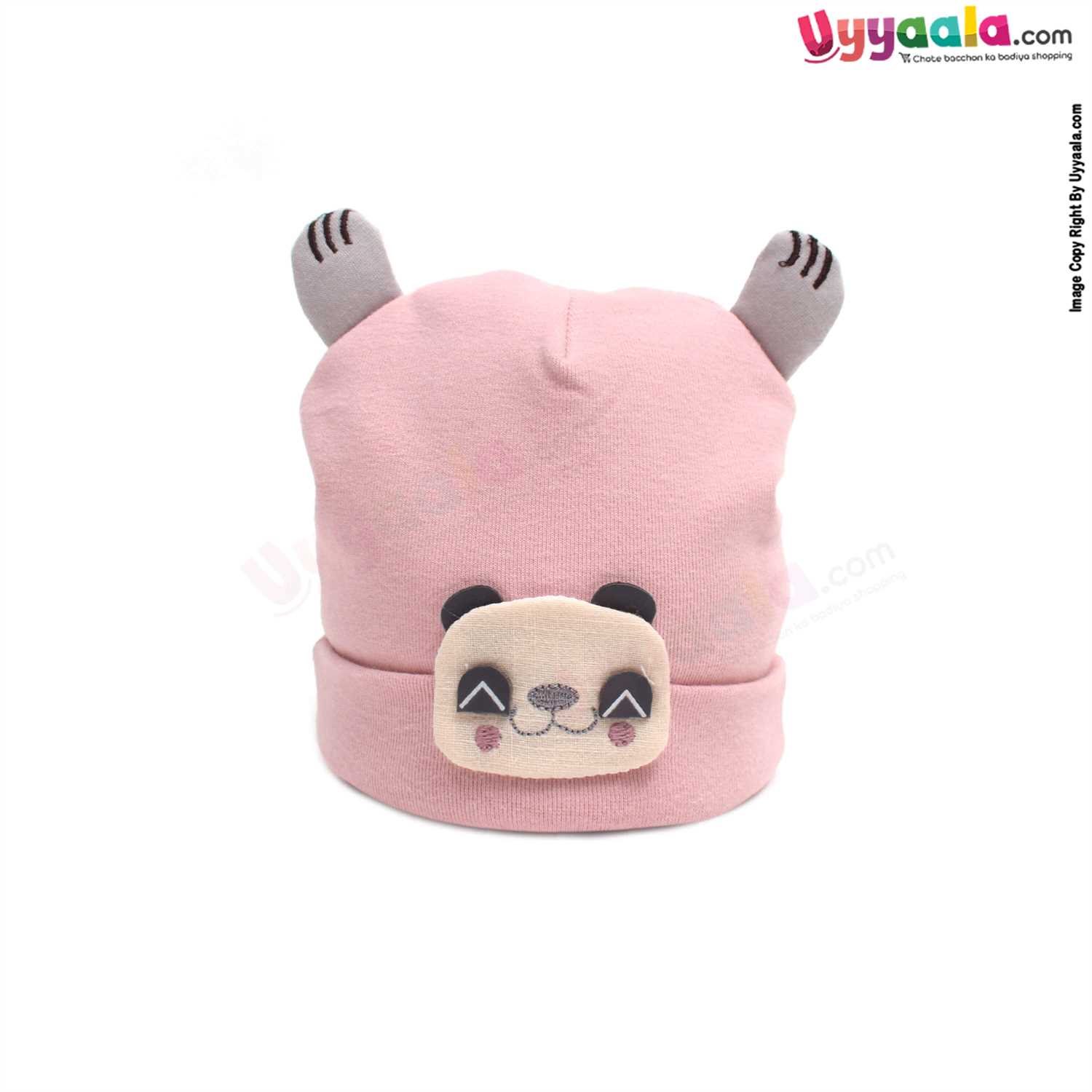 Fancy Round Cap for Babies with Stretchable Soft Hosiery Material, Panda Patch 0-12m Age- Peach