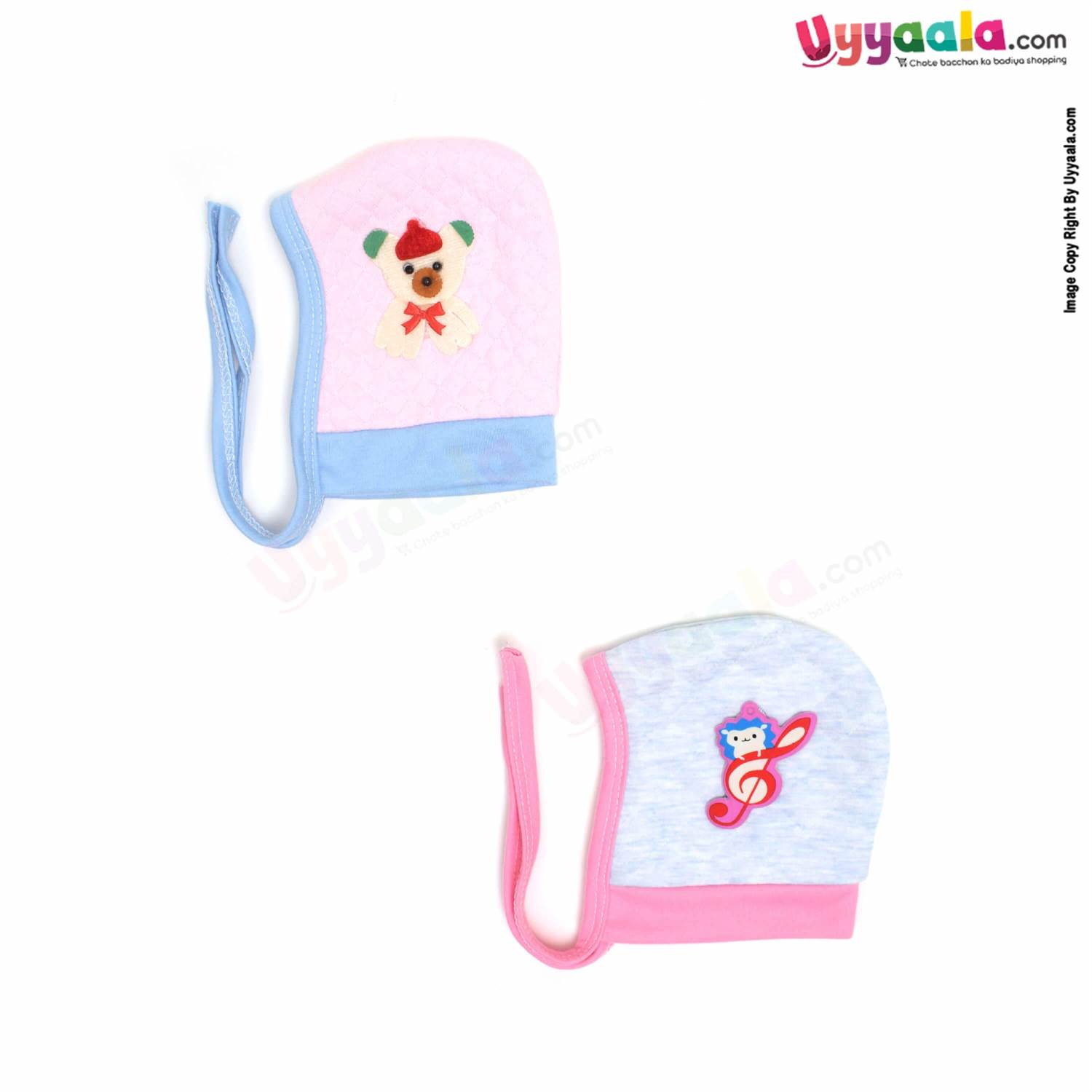 Side Tying Soft Hosiery Cotton Caps for Babies with Teddy Bear & Musical Note Patch Pack of 2, 0-6m age- Pink & Sky Blue