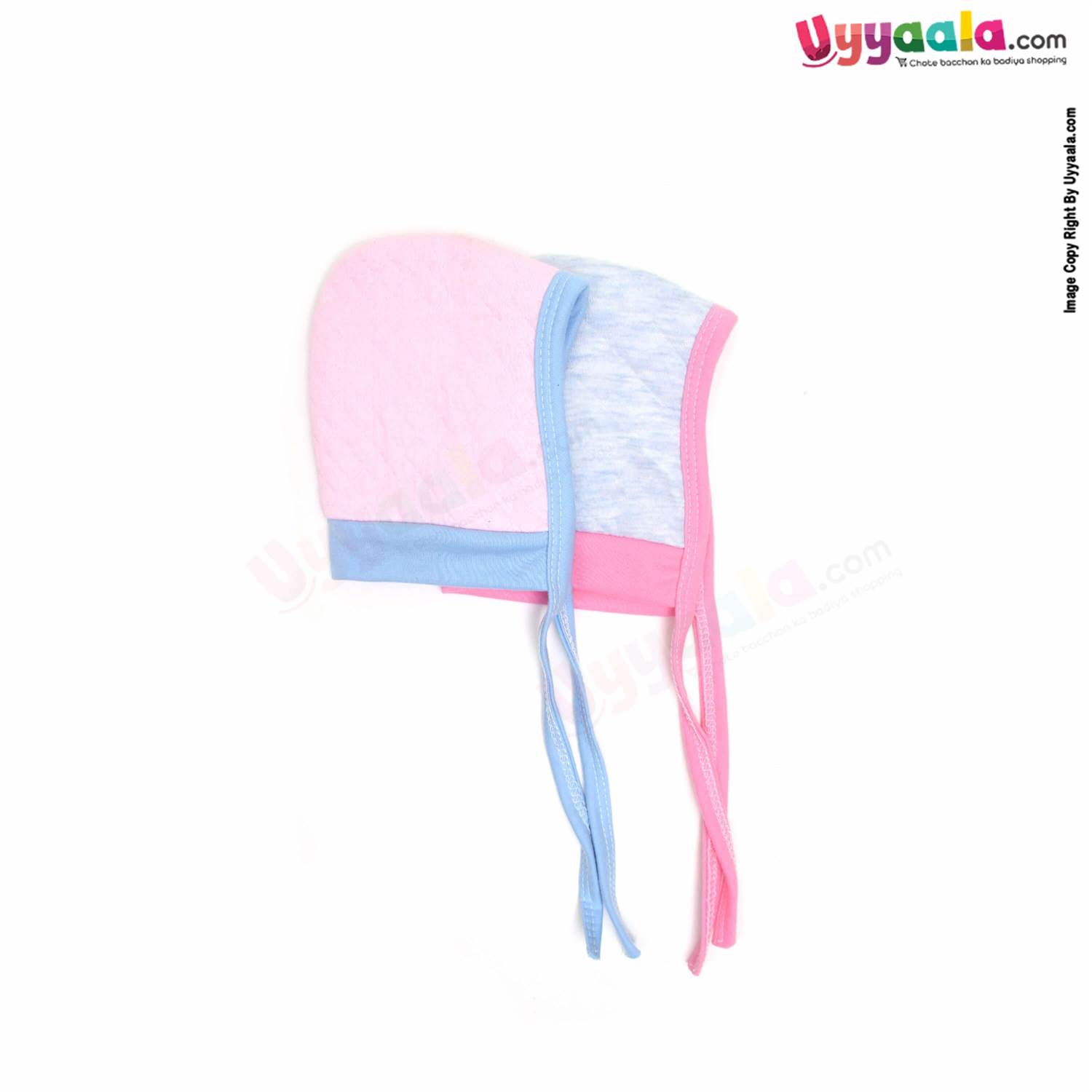 Side Tying Soft Hosiery Cotton Caps for Babies with Teddy Bear & Musical Note Patch Pack of 2, 0-6m age- Pink & Sky Blue