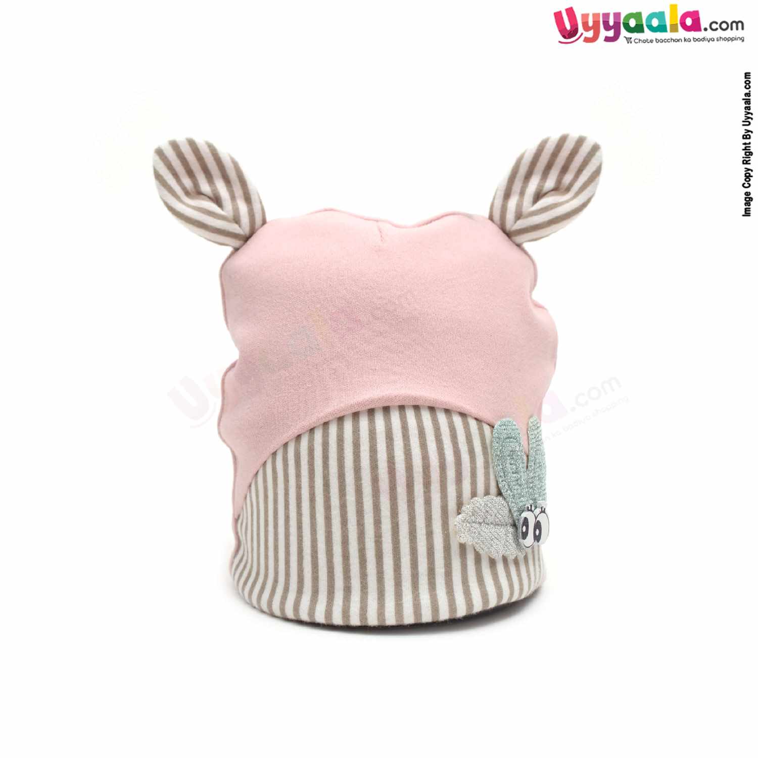 Fancy Round Cap for Babies with Stretchable Soft Hosiery Material, Bee Patch,0-12m Age - Peach