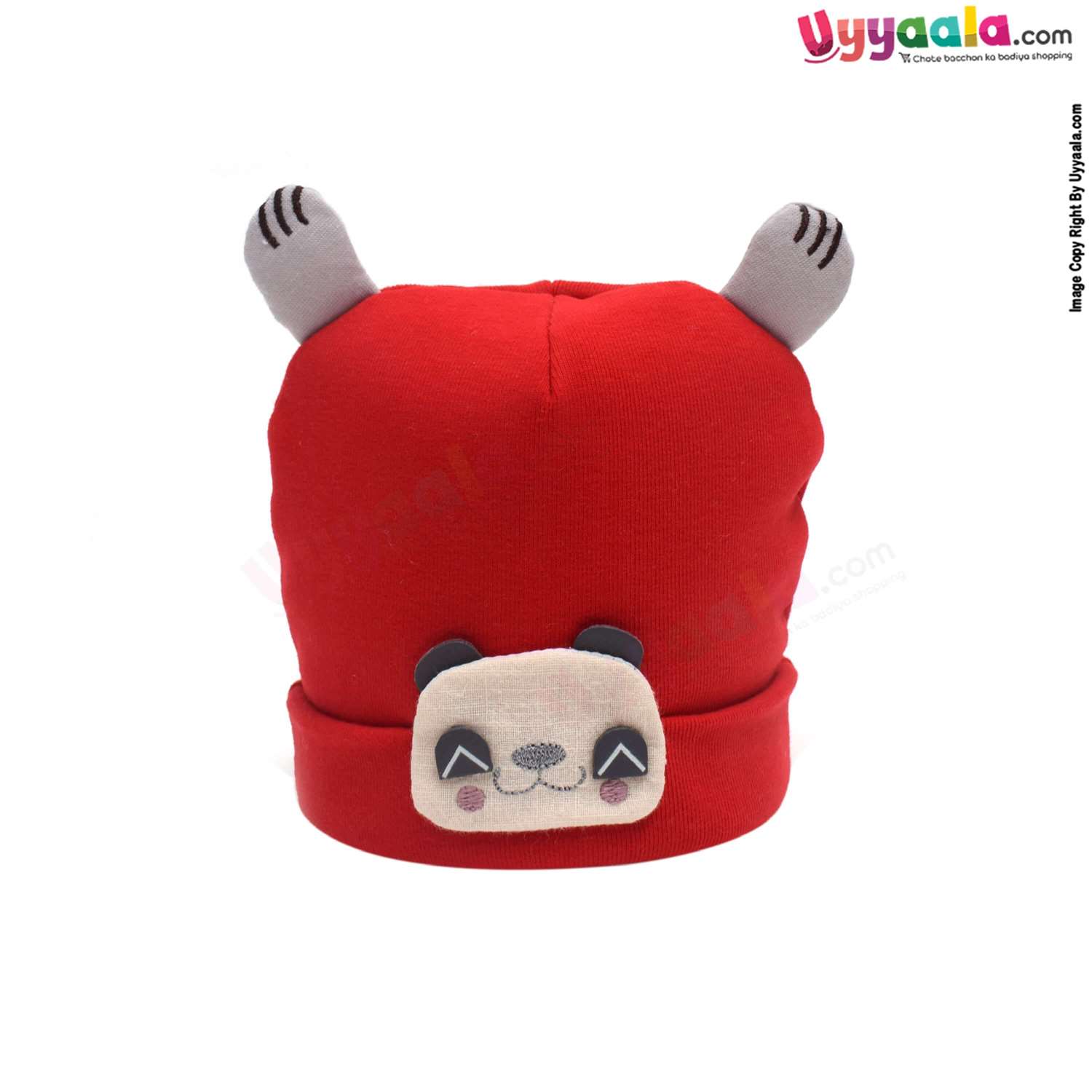 Fancy Round Cap for Babies with Stretchable Soft Hosiery Material, Panda Patch 0-12m Age- Red
