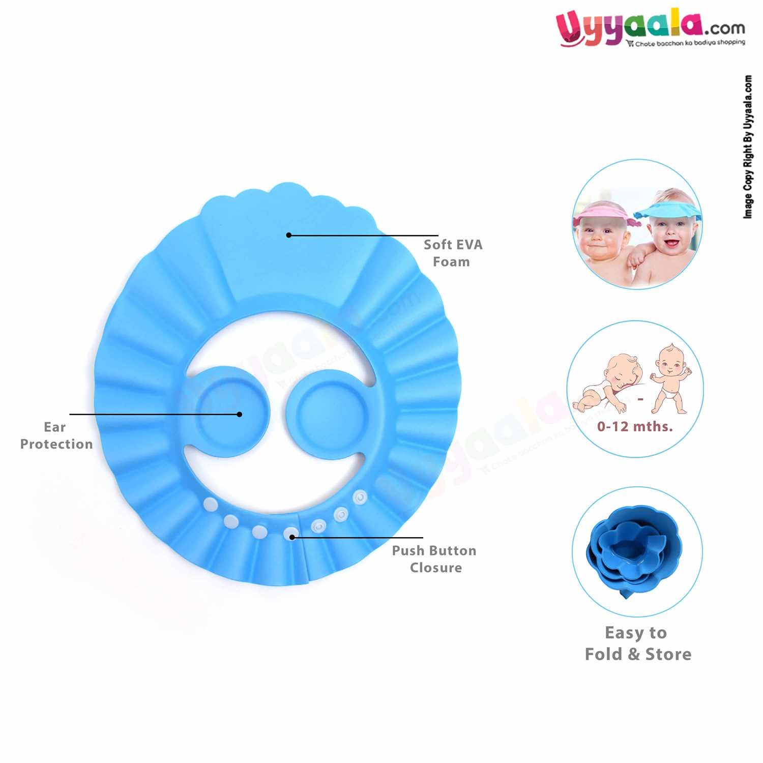 Baby Shampoo Hat for Protecting Baby Eyes with Adjustable Buttons,0-12m Age Blue