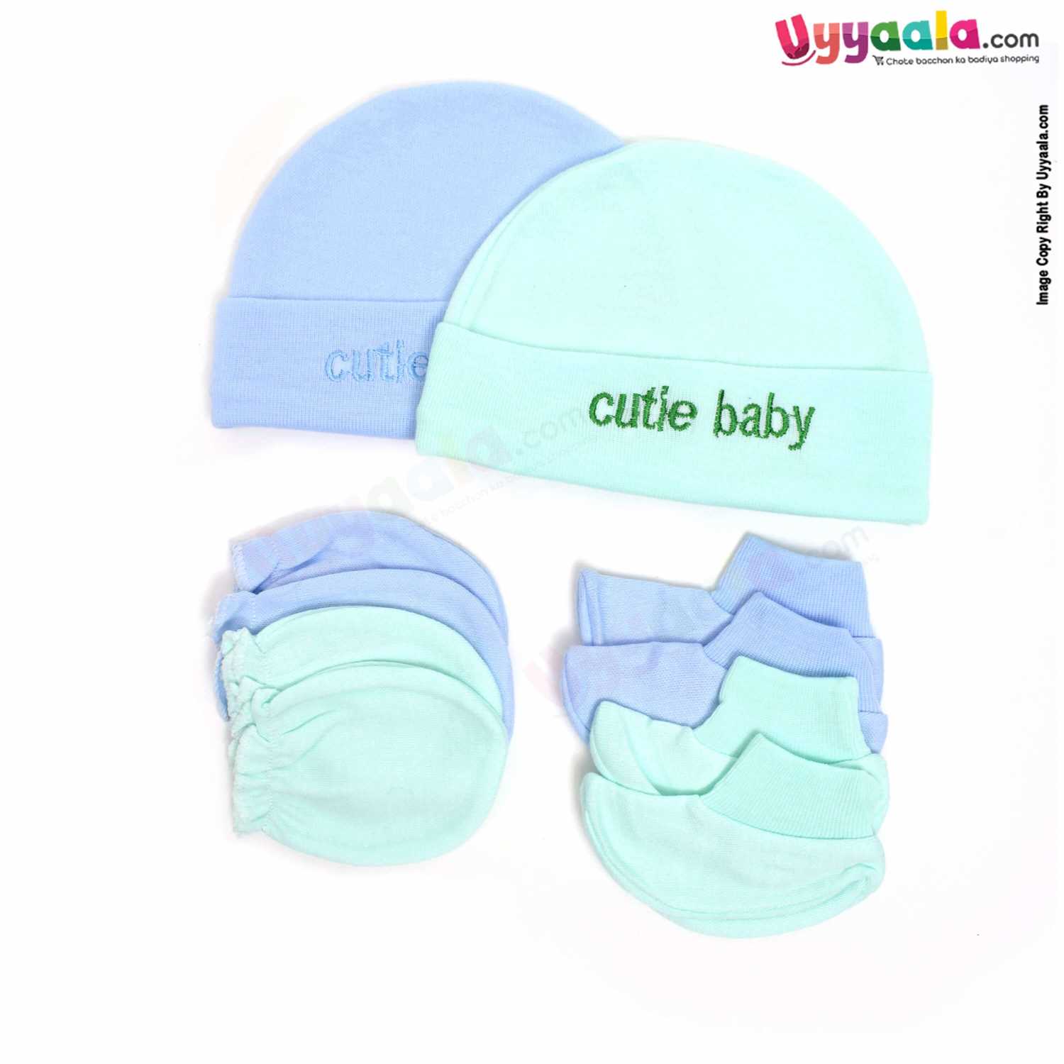 MONTALY Premium Quality Soft Hosiery Cotton Mitten, Booty & Cap Set for Babies Pack of 2 ,0-3m Age- Green & Blue