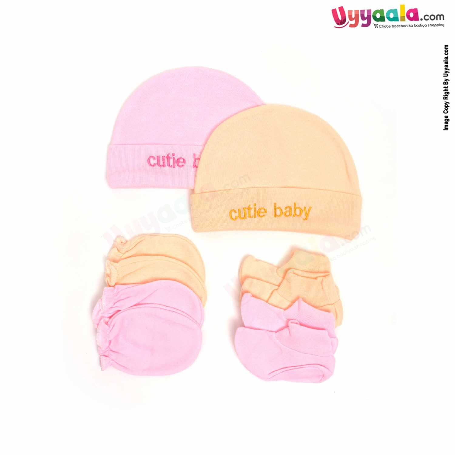 MONTALY Premium Quality Soft Hosiery Cotton Mitten, Booty & Cap Set for Babies Pack of 2 ,0-3m Age- Pink & Orange