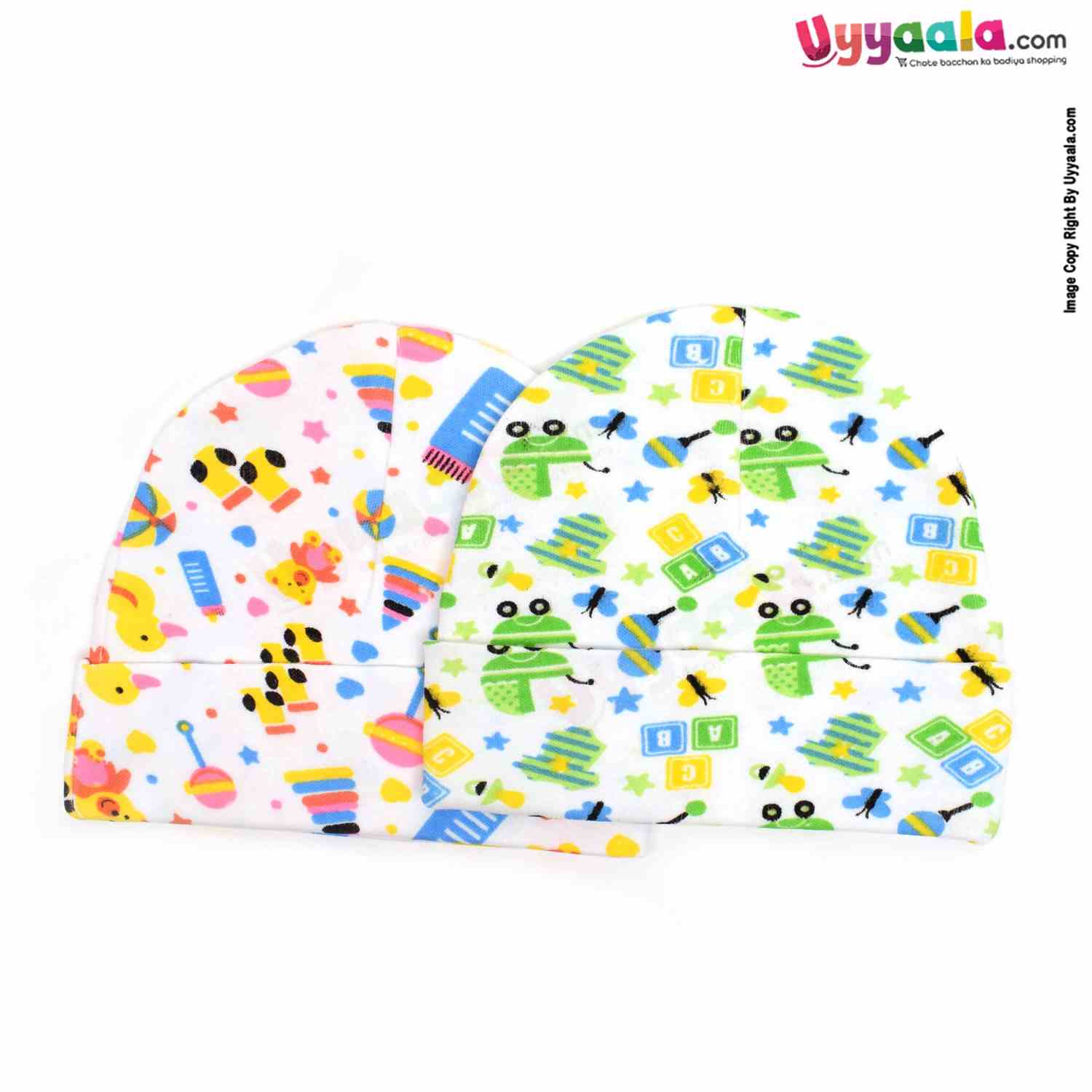 Fancy Round Cap for Babies with Stretchable Soft Hosiery Material with Print, pack of 2 0-6m Age- Multi Color