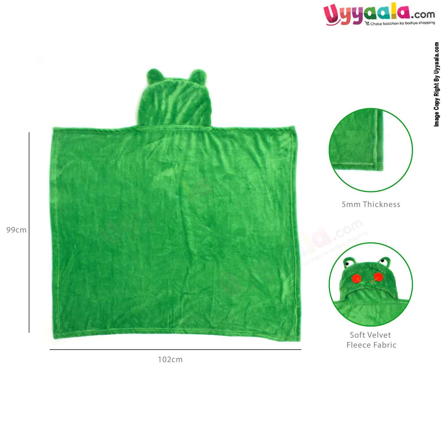 Hooded Coral Fur Blanket with Frog Character 0-24m Age, Size(102*99cm), Green