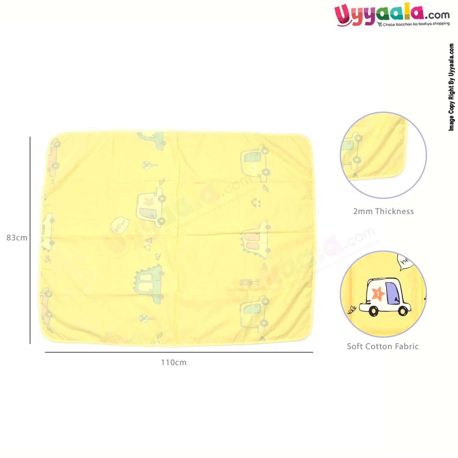 Double Layered Cotton Blanket with Car Print for Babies 0-24m Age, Size (110*83cm)- Yellow