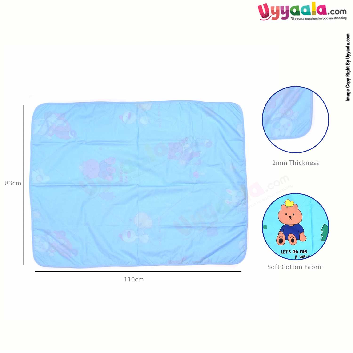 Double Layered Cotton Blanket with Teddy Bear Print for Babies 0-24m Age, Size (110*83cm)- Blue