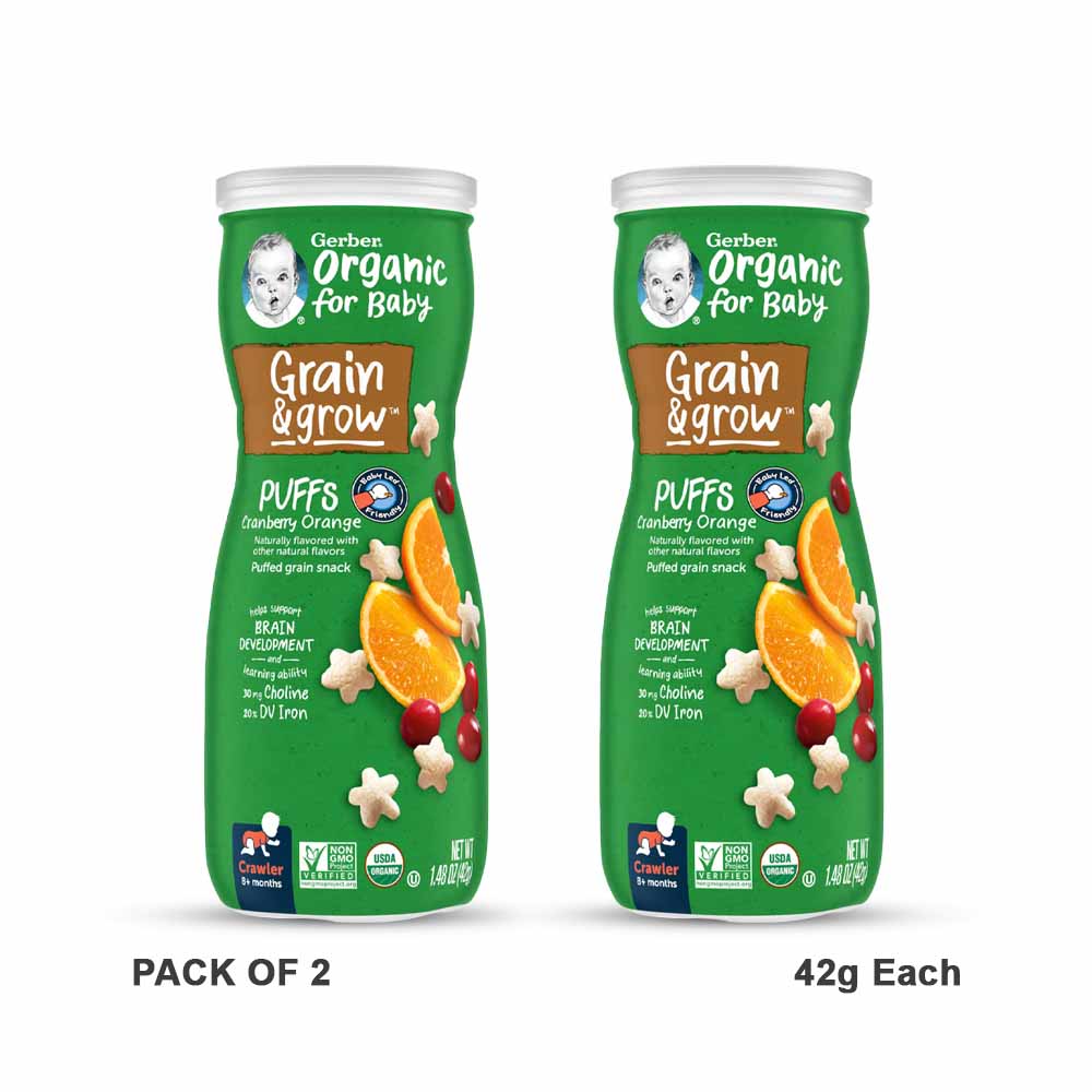 GERBER Organic puffs - cranberry & orange, naturally flavored baby snack, pack of 2 ( 42g each) - 8 months +