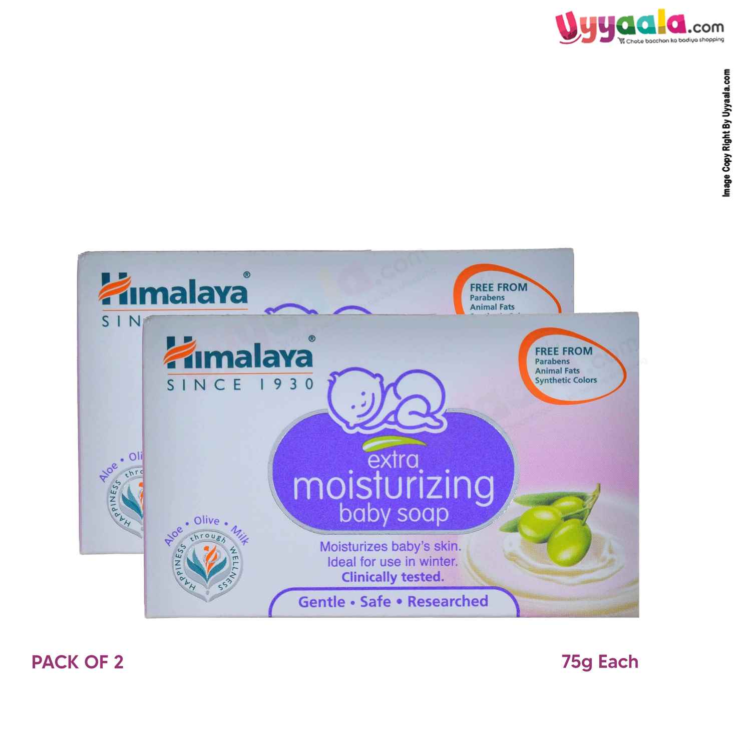HIMALAYA Extra Moisturizing Baby Soap Aloe Vera and Olive Pack of 2 (75g Each)