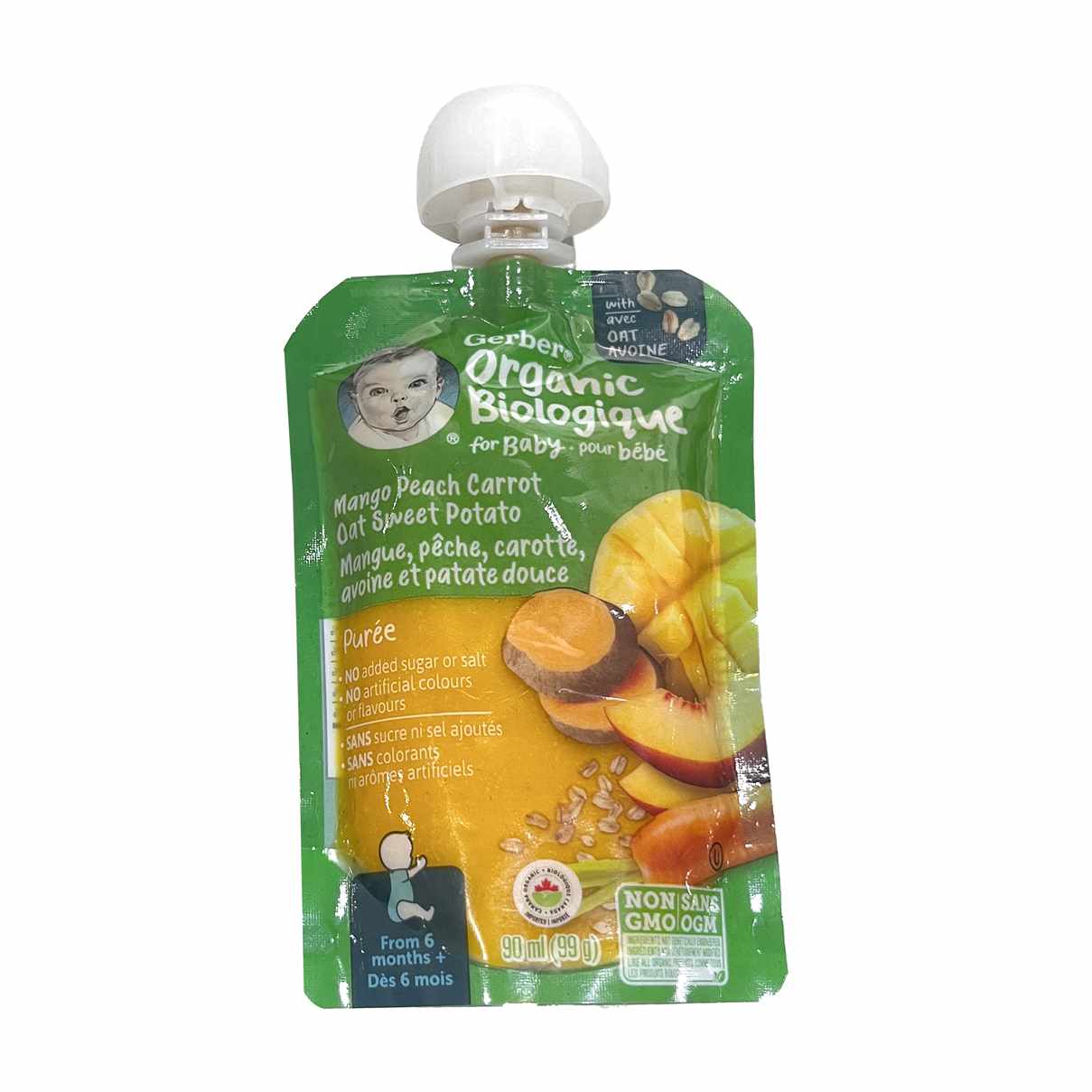 Gerber Organic Biologique Puree for Babies, Mango, Peach, Carrot, Oat & Sweet Potato - 90ml, 6 Months +
