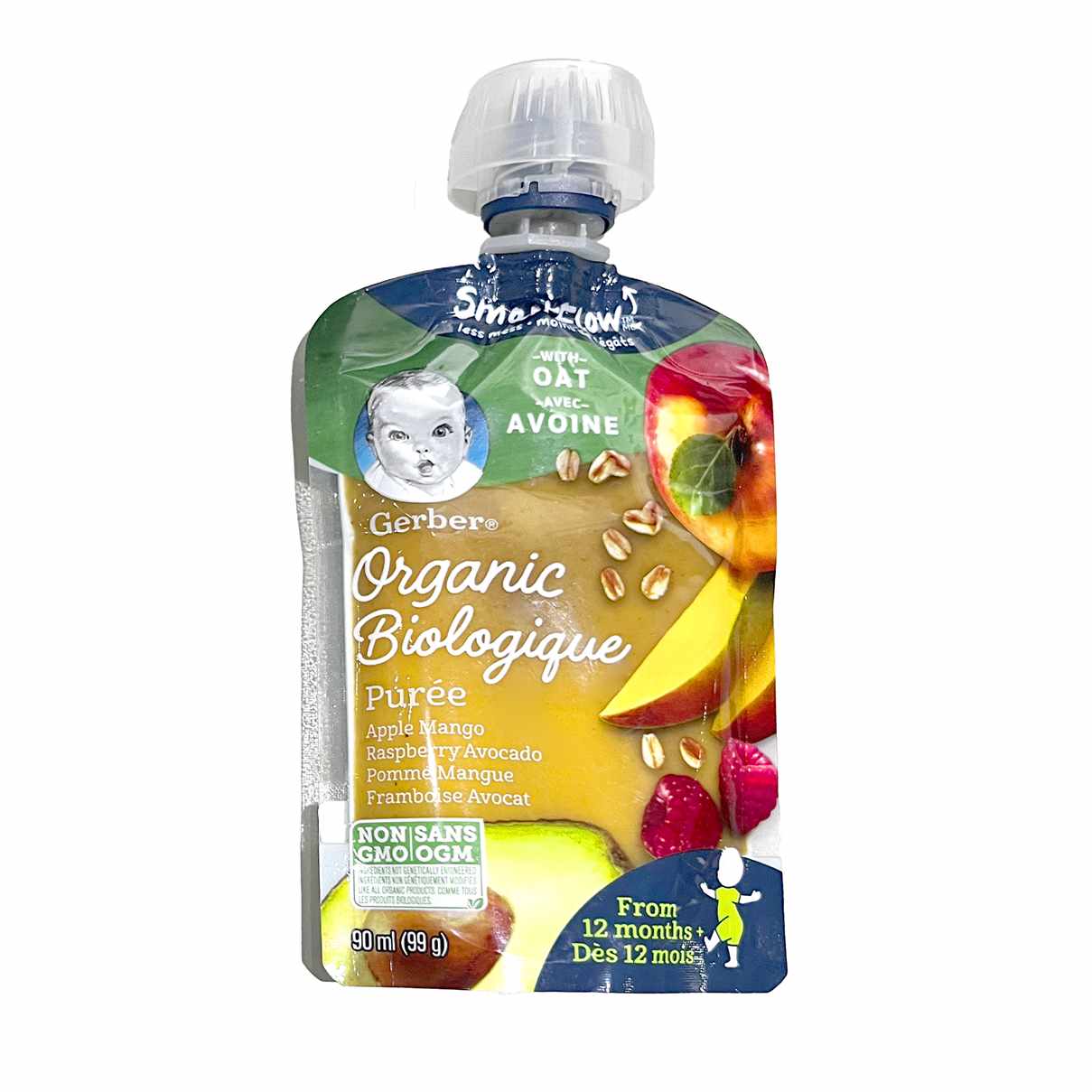 Gerber Organic Biologique Puree for Babies, Apple, Mango, Raspberry & Avocado - 128ml, 6 Months +