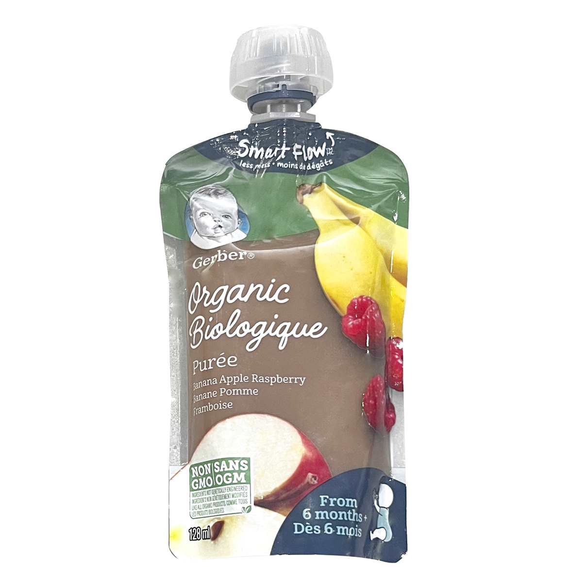 Gerber Organic Biologique Puree for Babies, Banana, Apple & Raspberry - 128ml, 6 Months +