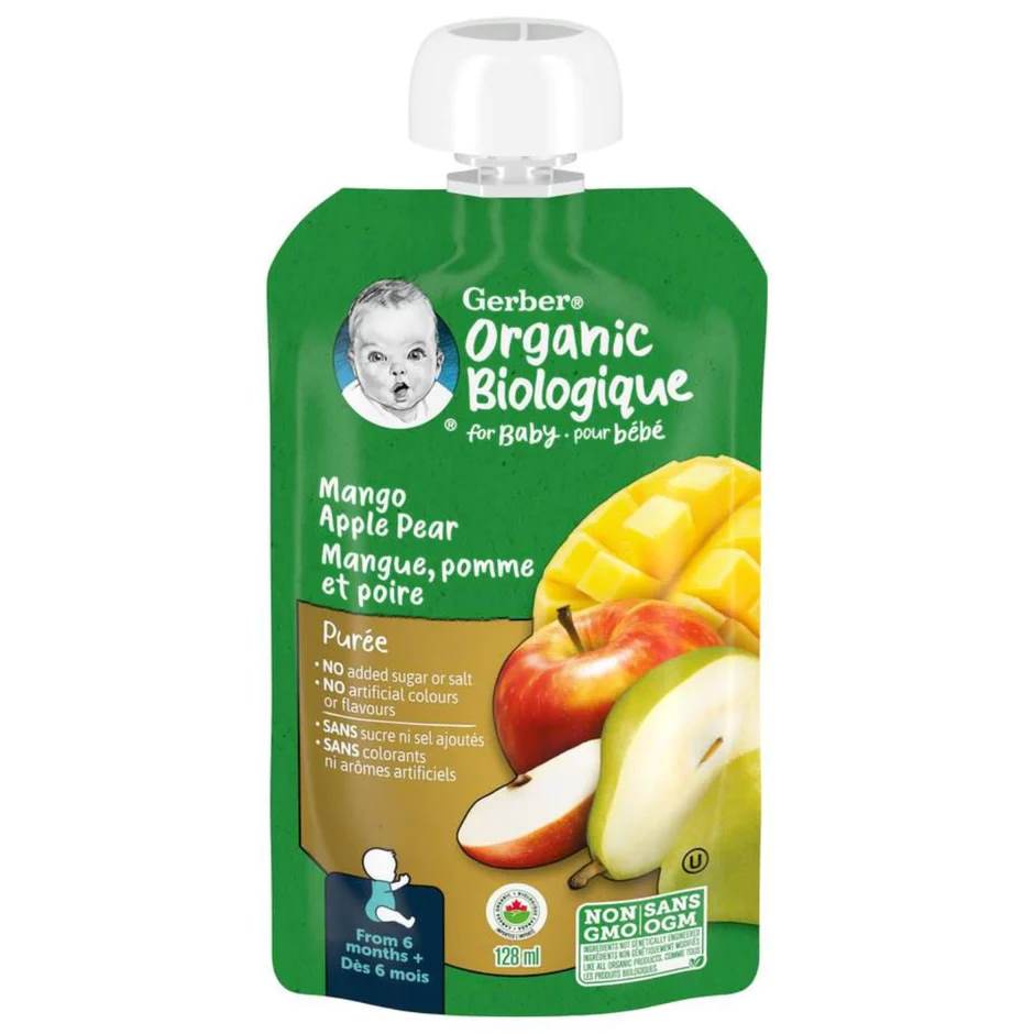 Gerber Organic Biologique Puree for Babies, Mango, Apple & Pear - 128ml, 6 Months +