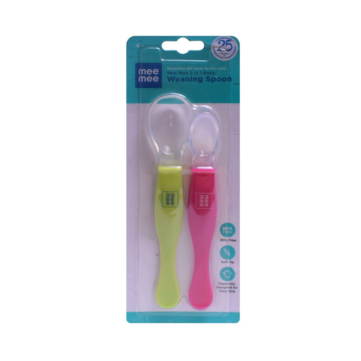 MEE MEE 3 in 1 Weaning Silicon Spoons Pink & Green 2P Set 4+m Age