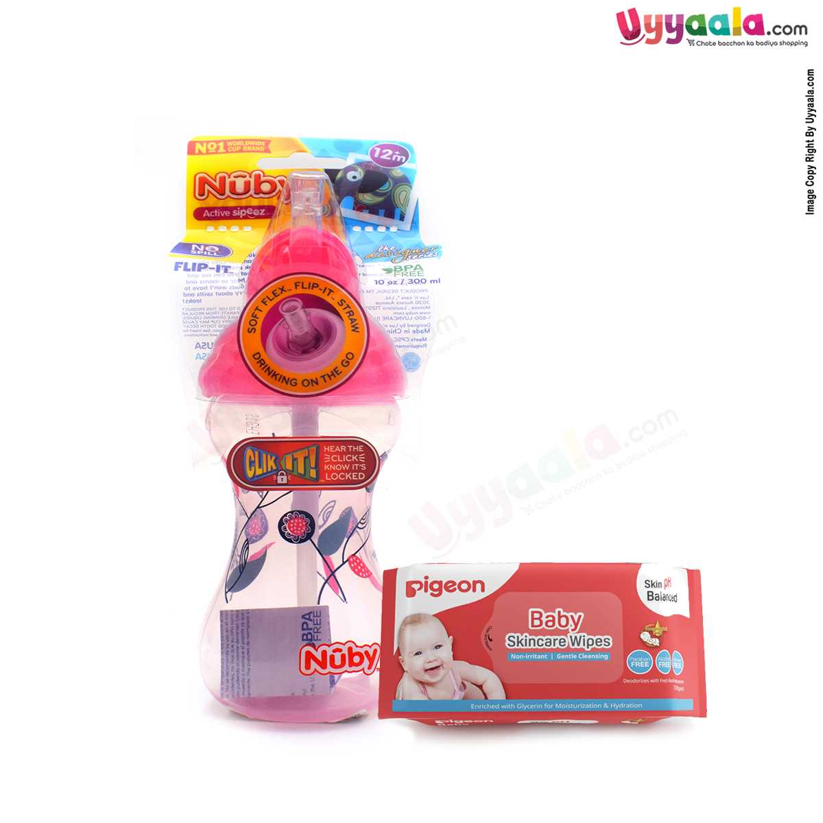 NUBY sipper bottle with soft flexible straw-300ml, Red, 12+m age & PIGEON Baby skincare wipes - 72pcs(combo pack)