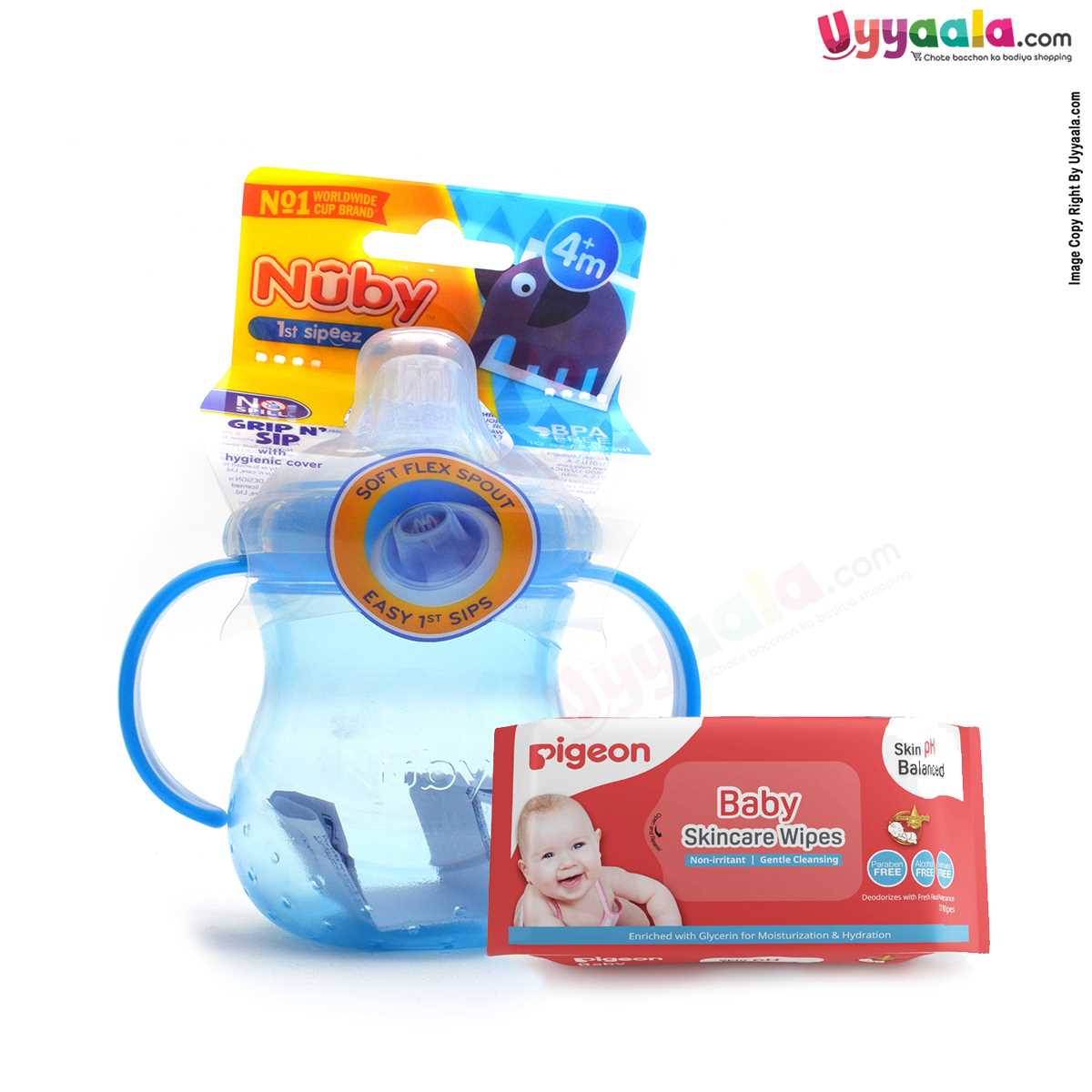 NUBY 'Grip n sip' sipper with soft flexible spout - Blue, 300ml, 4+m age & PIGEON Baby skincare wipes 72pcs(combo pack)