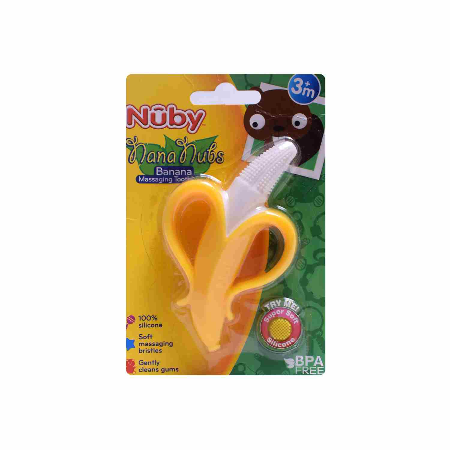 NUBY Soft silicone banana shaped massaging toothbrush for babies - Yellow, 3+m