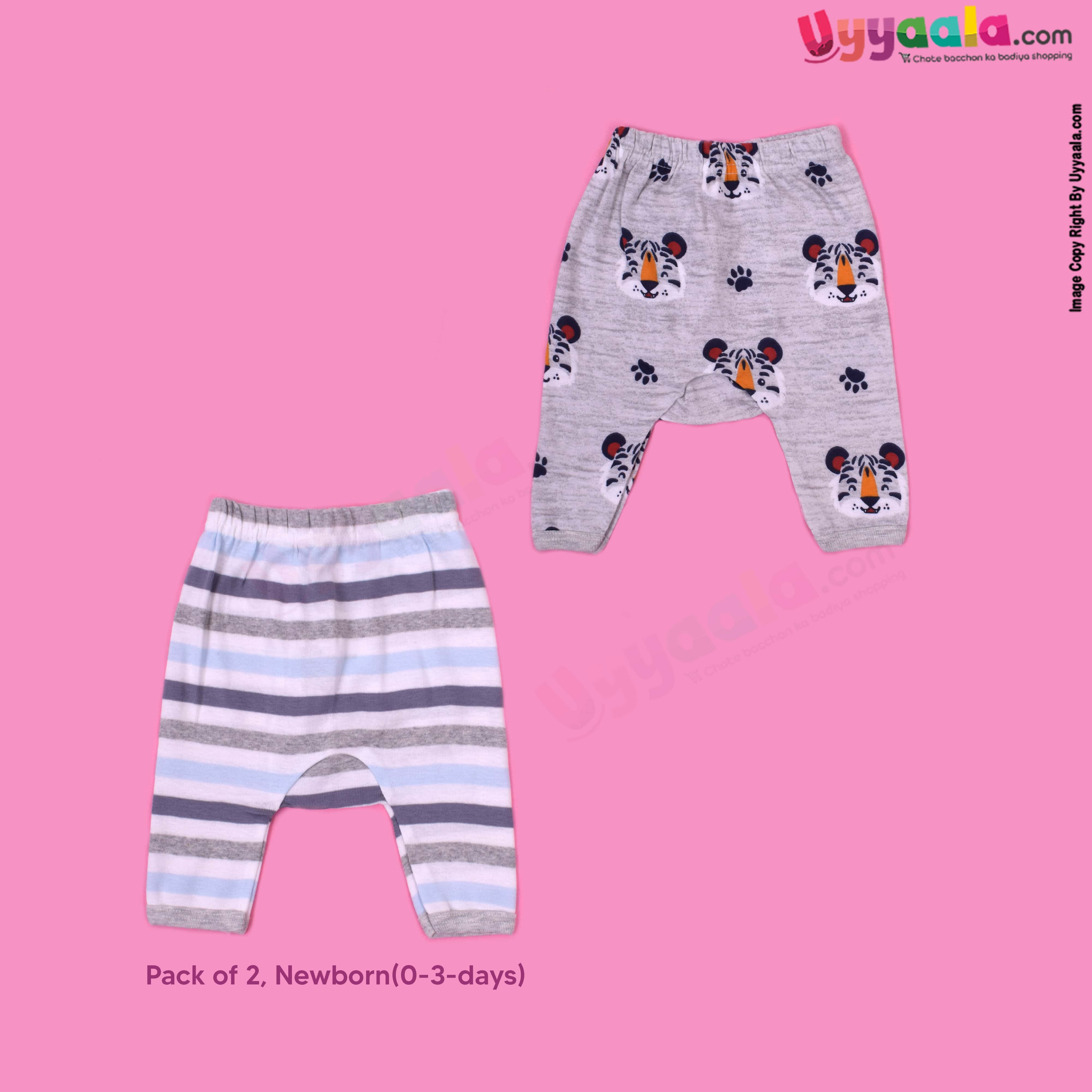 PRECIOUS ONE diaper pants 100% soft hosiery cotton pack of 2 - gray with tiger print & multicolour stripes (newborn)