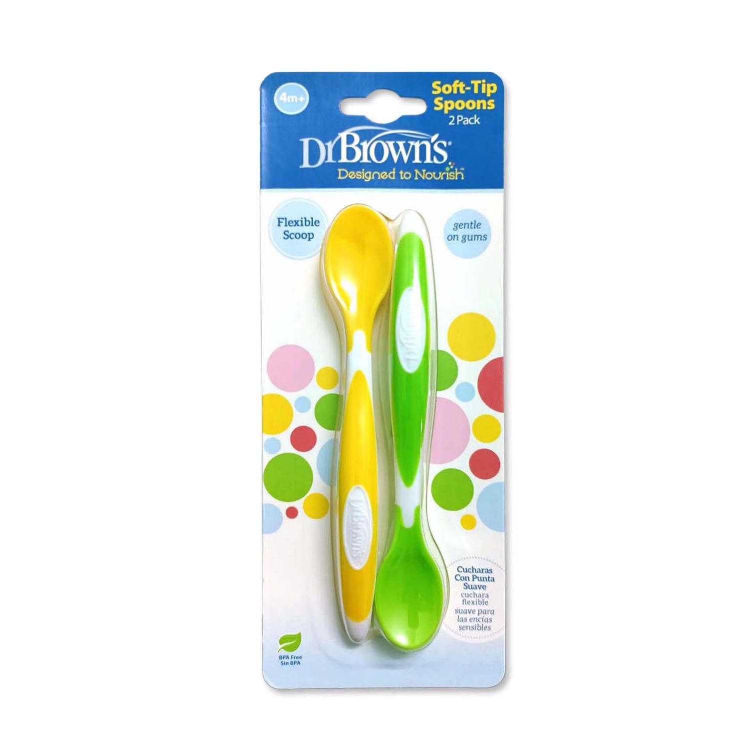 DR.Brown's Soft Tip Flexible Spoons For Babies, Green & Yellow - 2 Pack, 4m+