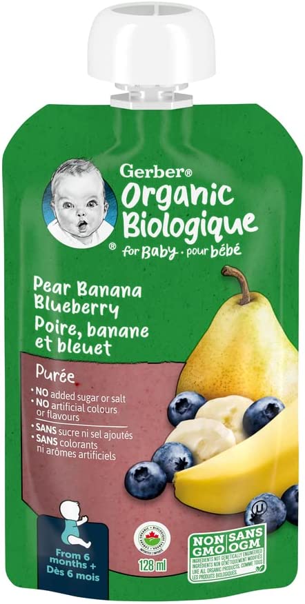 Gerber Organic Biologique Puree for Babies, Pear, Banana & Blueberry - 128ml, 6 Months +