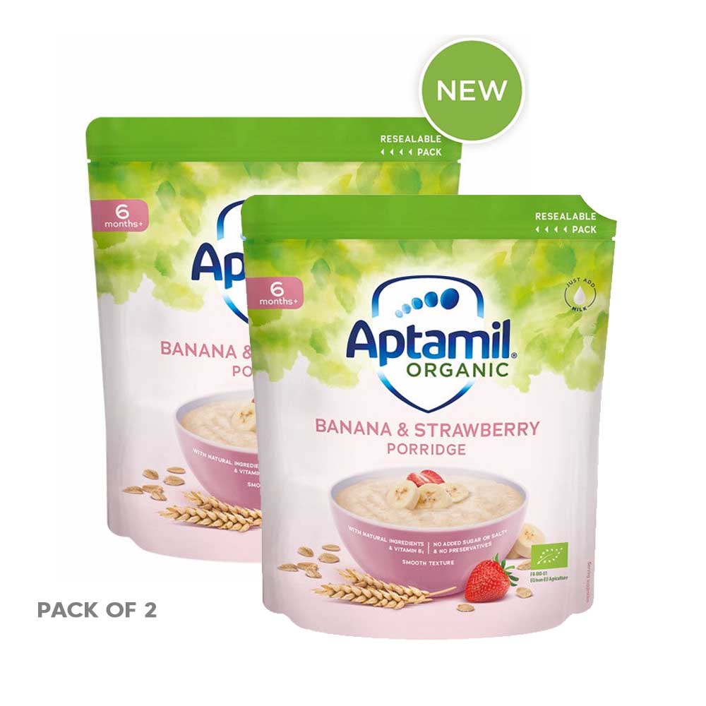 NUTRICIA Aptamil Organic Banana & Strawberry Porridge For Babies - 180g 6m+, Pack of 2