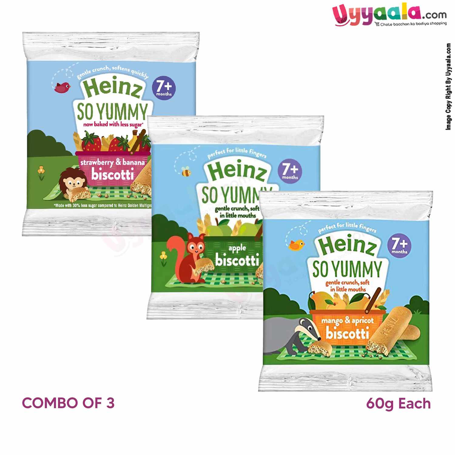 HEINZ SO YUMMY Biscotti for Kids snacks Combo of 3 - Strawberry + Banana, Apple & Mango + Apricot Biscuits (60 g each)