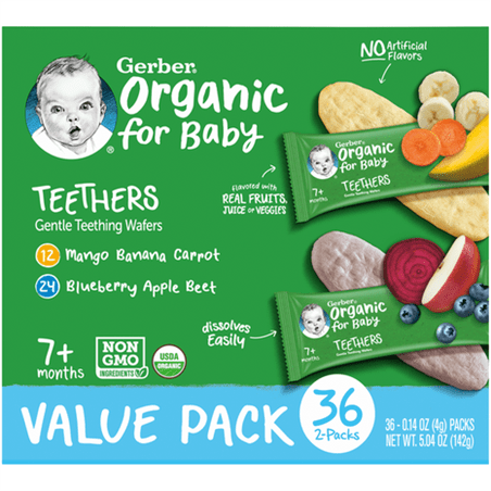 Gerber Organic Gentle teething wafers for babies, Blueberry, Apple & Beet and Mango, Banana & Carrot - 142g, 7 months +