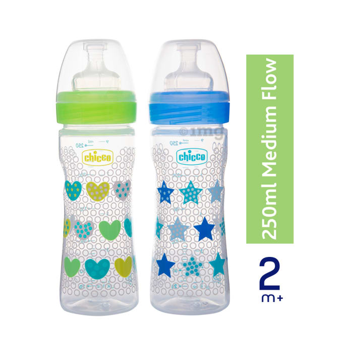 Chicco Feeding bottle Narrow neck Well being 250ml 2m+ 2P set Green & Blue