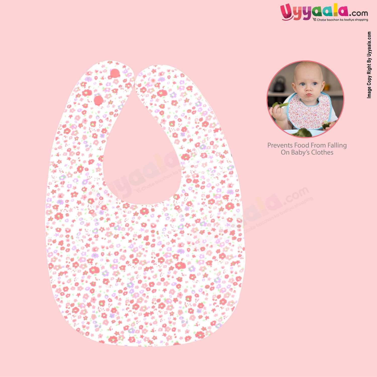 Baby Bib Soft Hosiery Cotton 2 in 1 Usable with Bow & Floral Print for Newborn, Size (29.5*20cm)- Peach & White