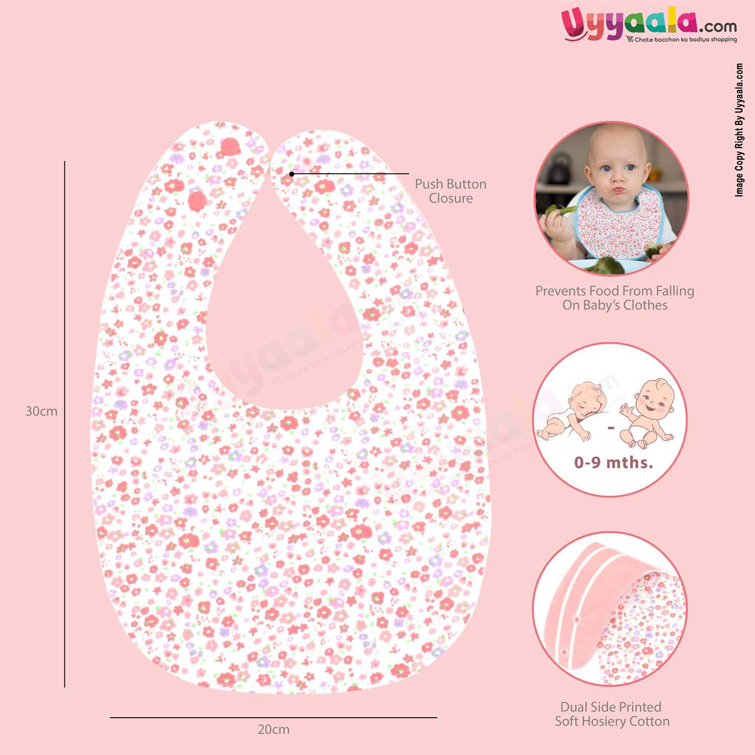 Baby Bib Soft Hosiery Cotton 2 in 1 Usable with Bow & Floral Print for Newborn, Size (29.5*20cm)- Peach & White