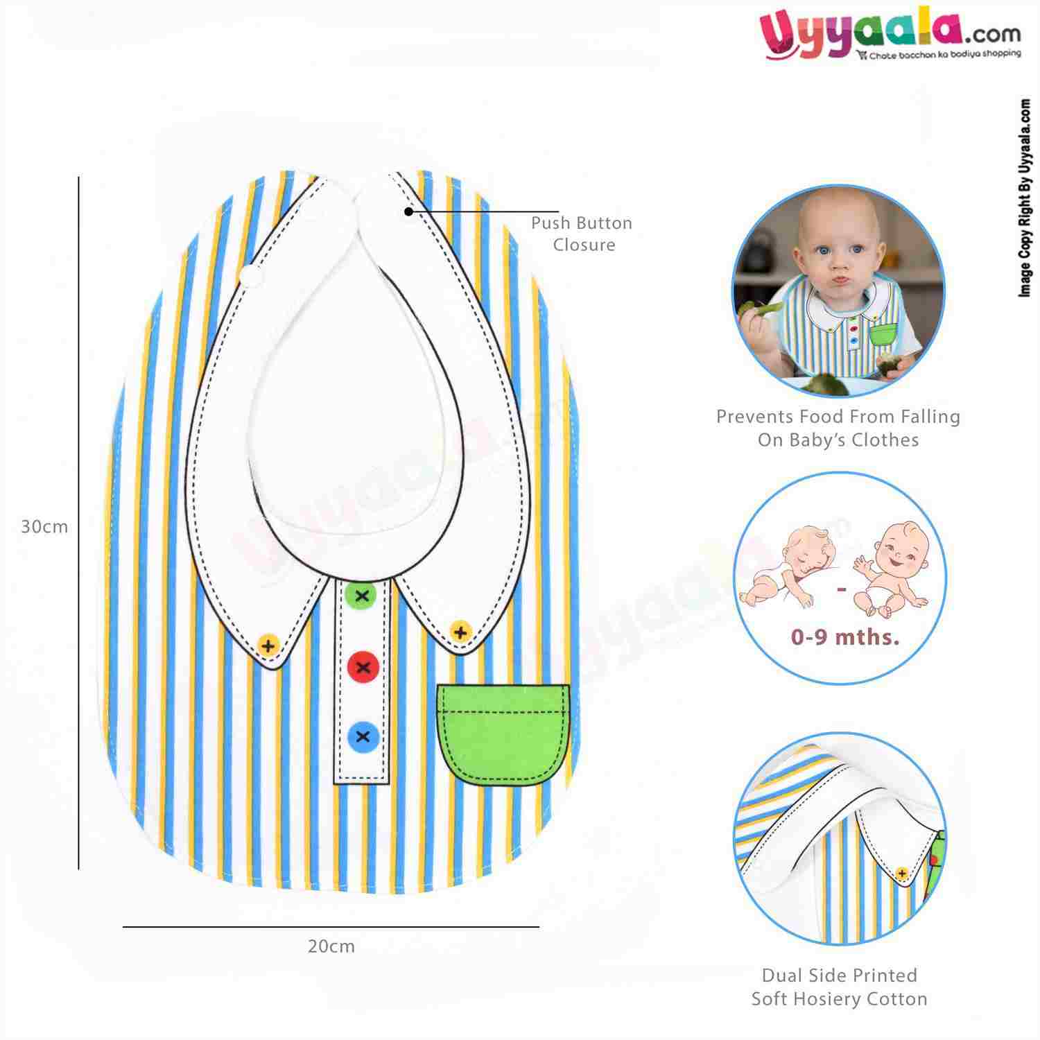 Baby Bib Soft Hosiery Cotton 2 in 1 Usable with Stripes & Tie Print for New Born, Size (29.5*20cm) Green & white